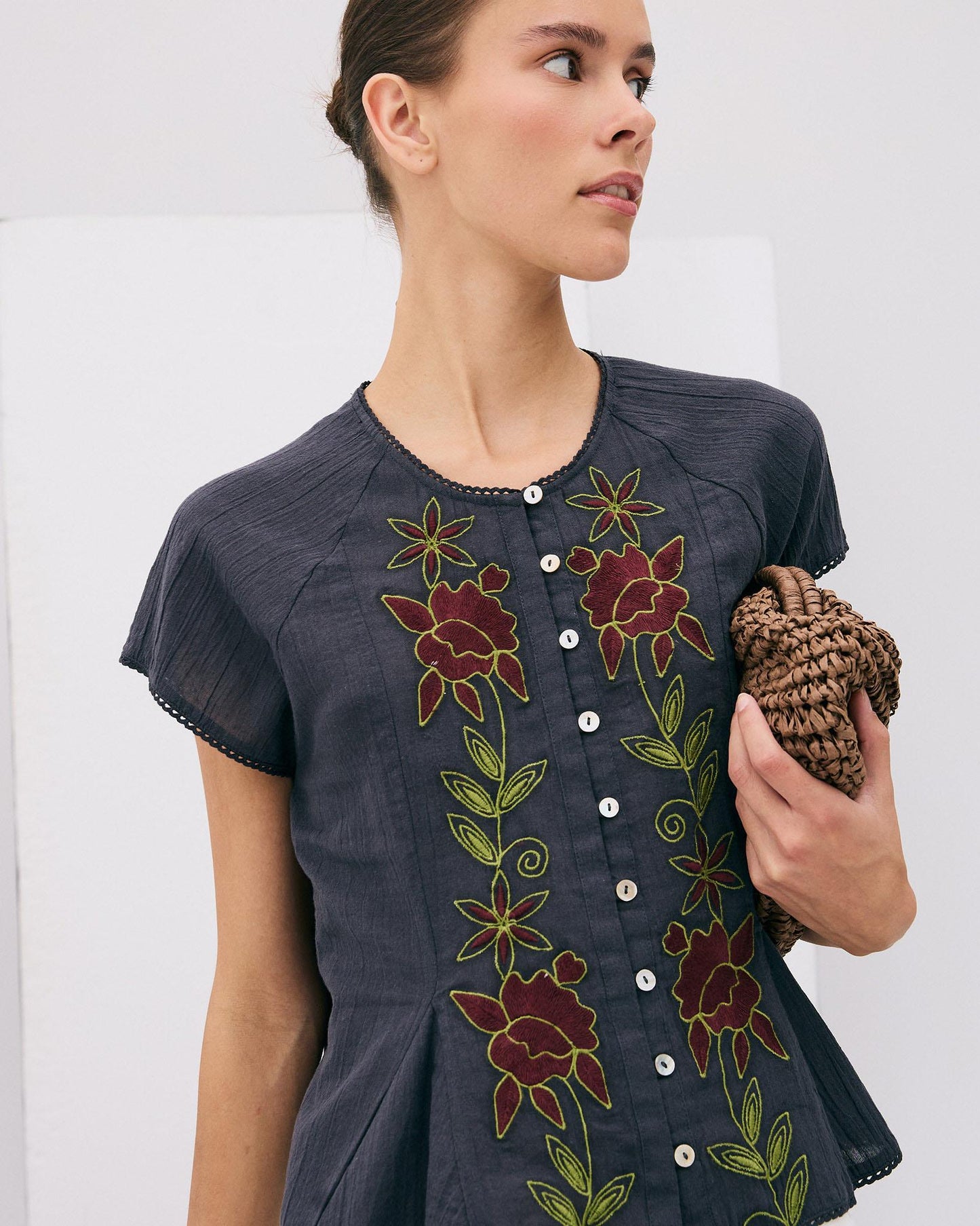 Anthracite Floral Embroidered Sleeveless Blouse
