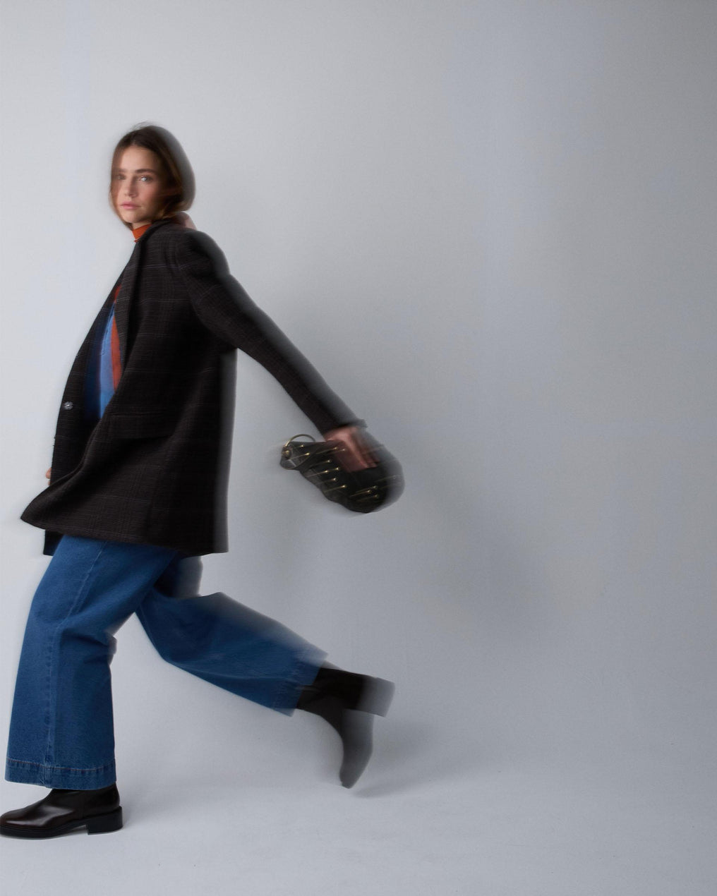 Abrigo Cuadros Solapa Mezcla Lana Marrón