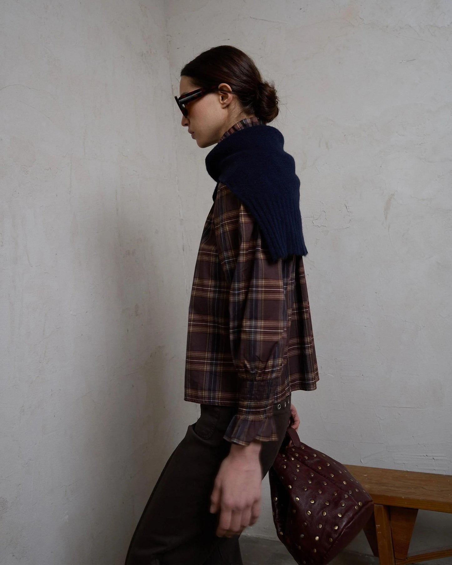 Brown Checkered Collar Honeycomb Blouse