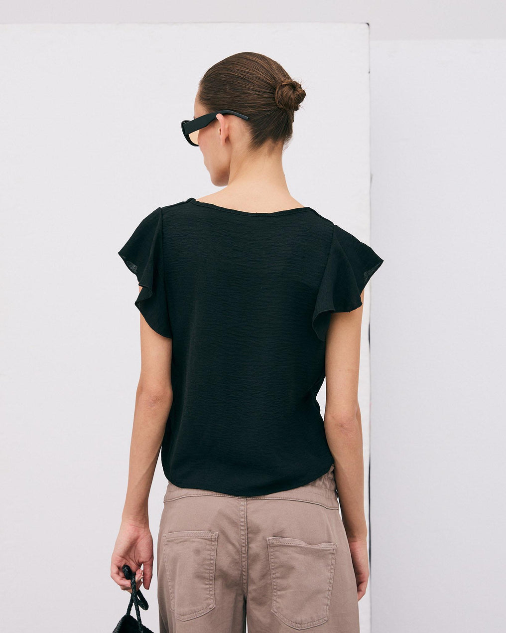 Black Gathered Short Sleeve Blouse
