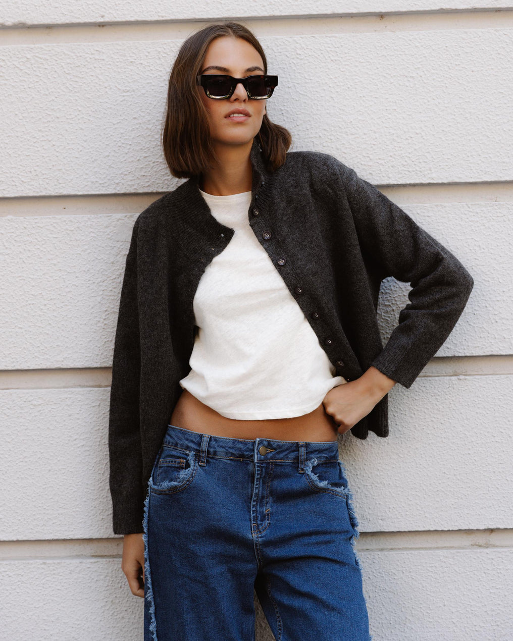 Cardigan Anthracite à Col Montant et Boutons
