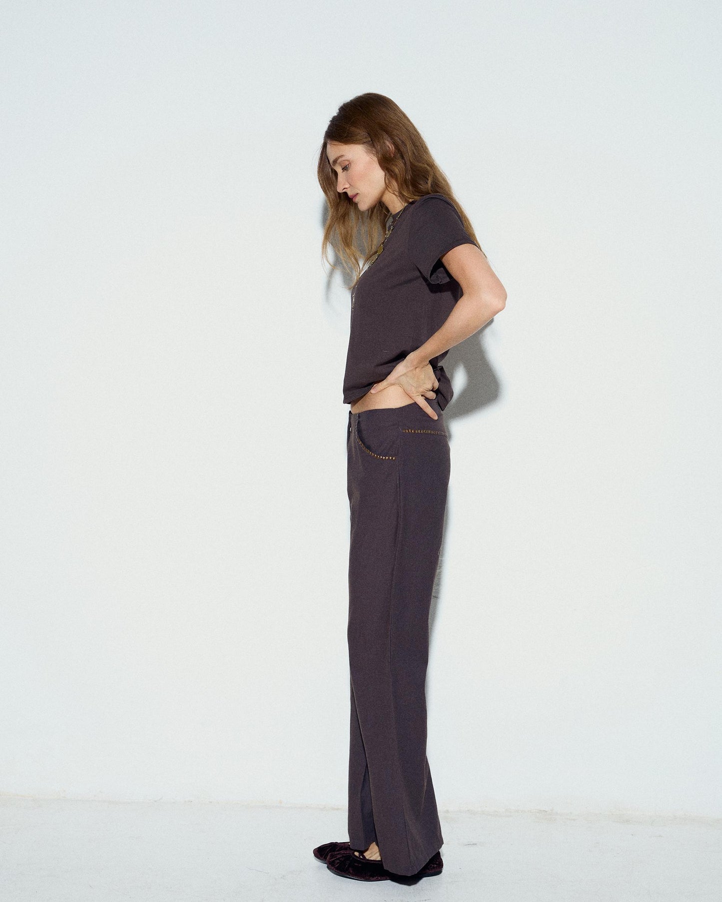 Brown Studded Flowy Trousers