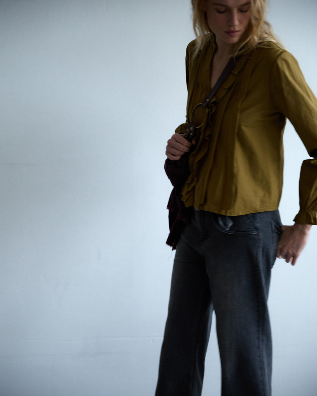 Green V-Neck Ruffle Blouse