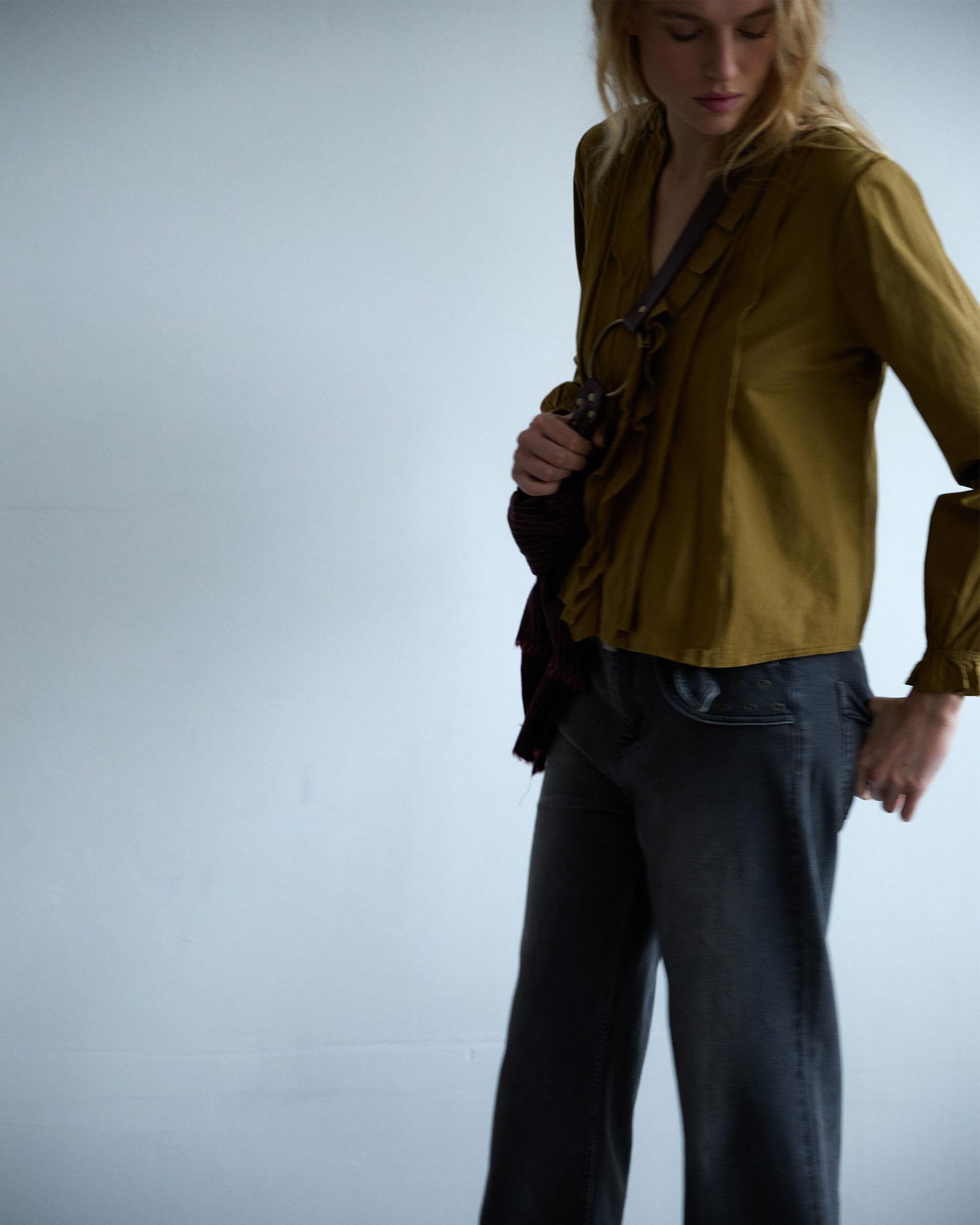 Green V-Neck Ruffle Blouse