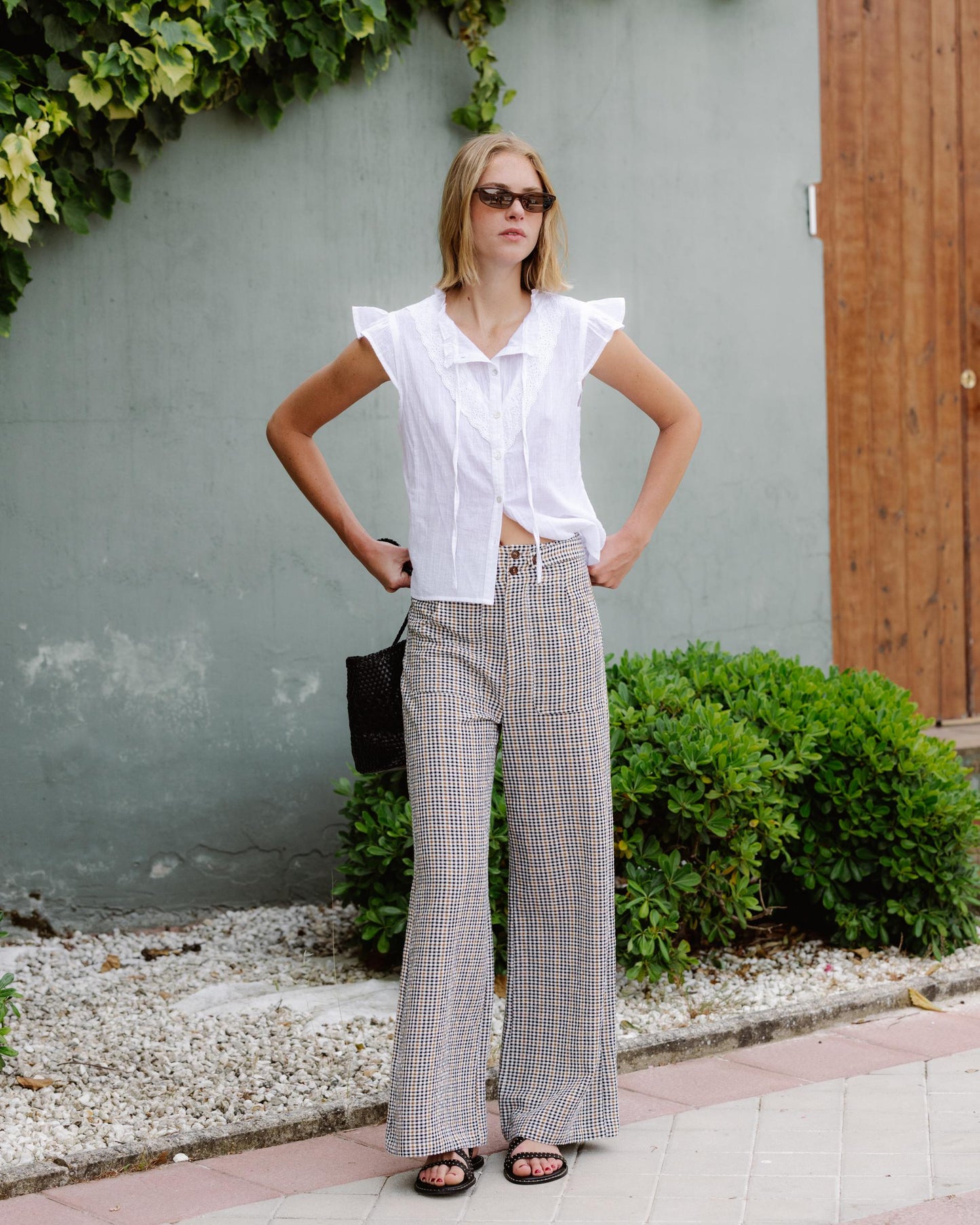 Black Plaid Buttoned Waistband Trousers
