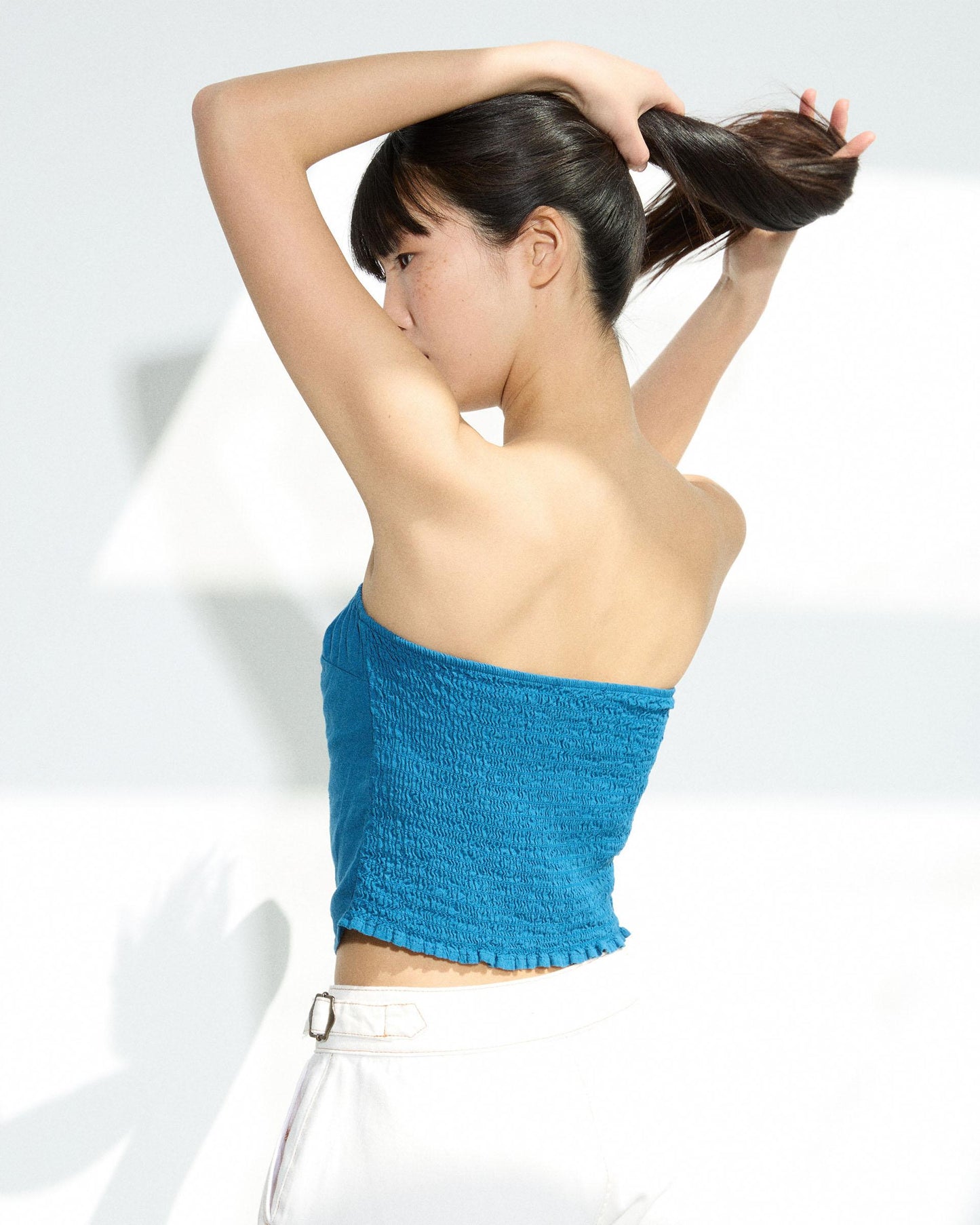 Blue Ruffle Bandeau Top
