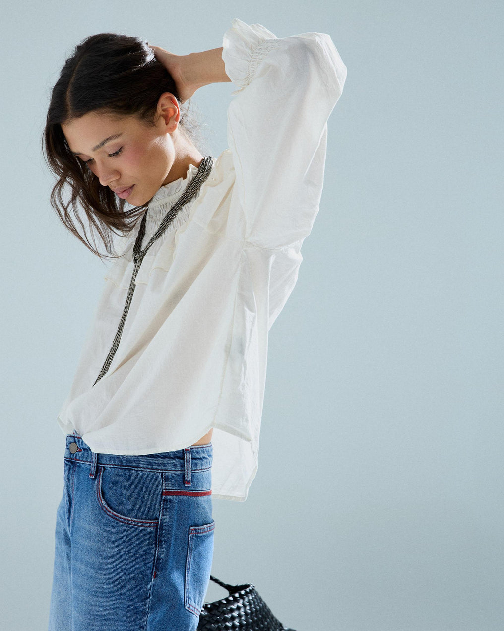 Blusa Cuello Babero Goma Blanca