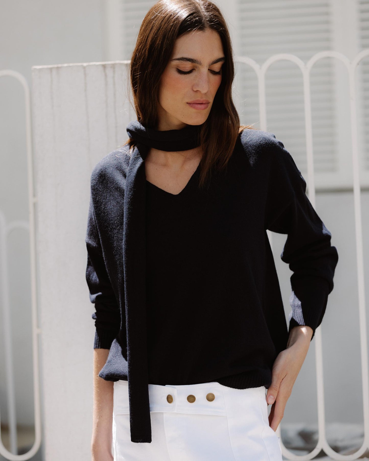 Fine Knit Sweater and Navy Blue Scarf