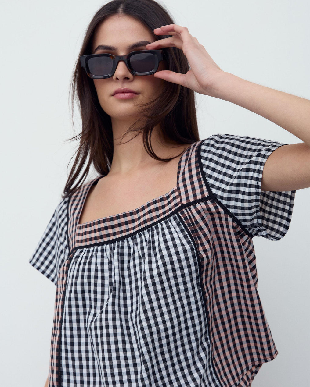 Gingham Blouse with Black Contrast