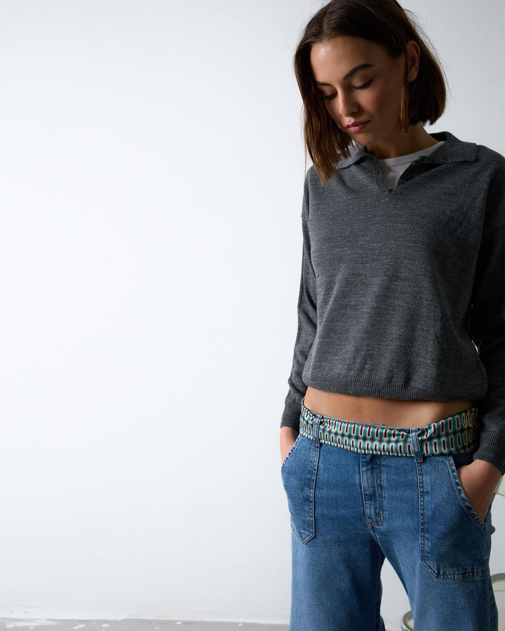 Camisola Polo Cinza de Malha Fina