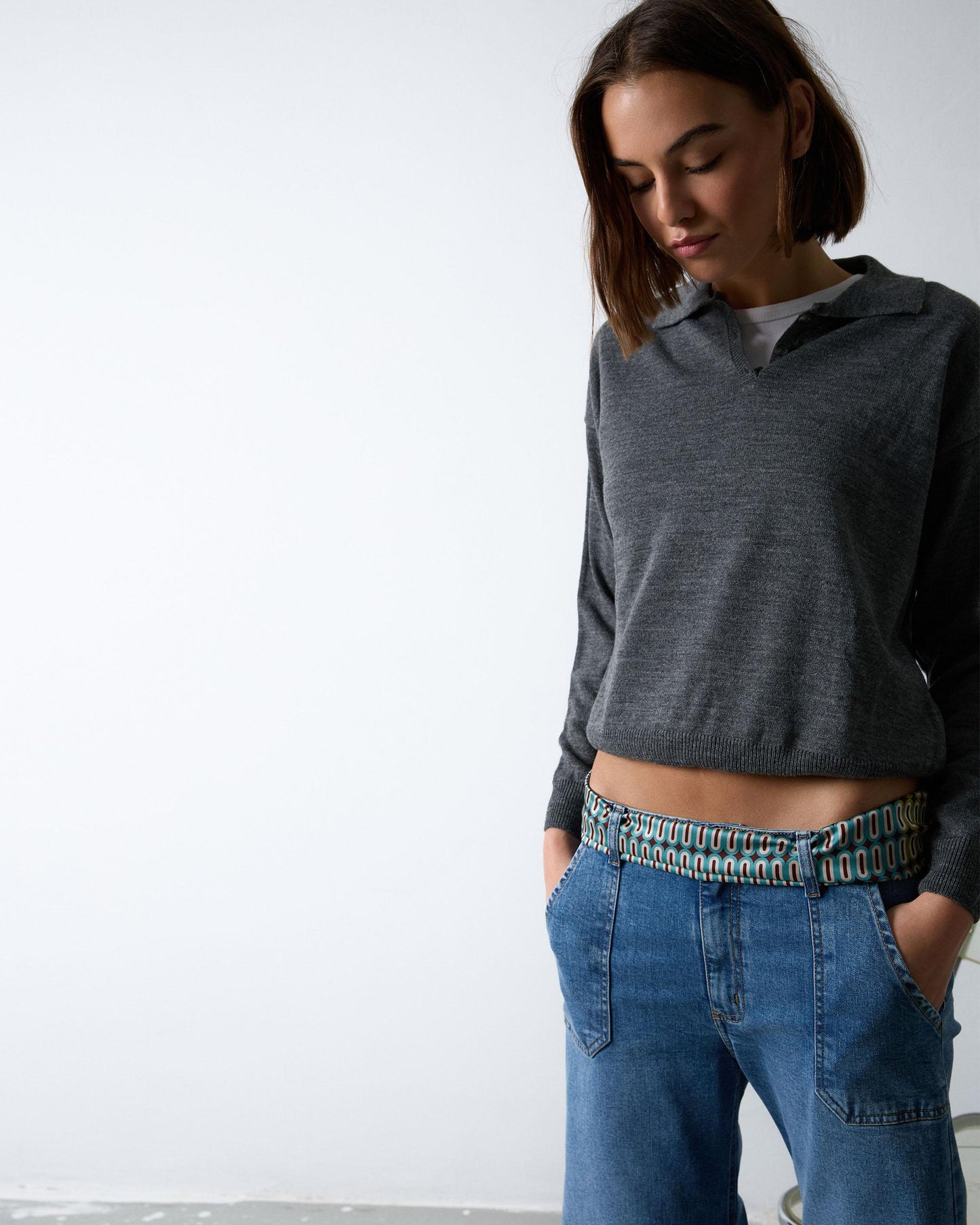 Camisola Polo Cinza de Malha Fina