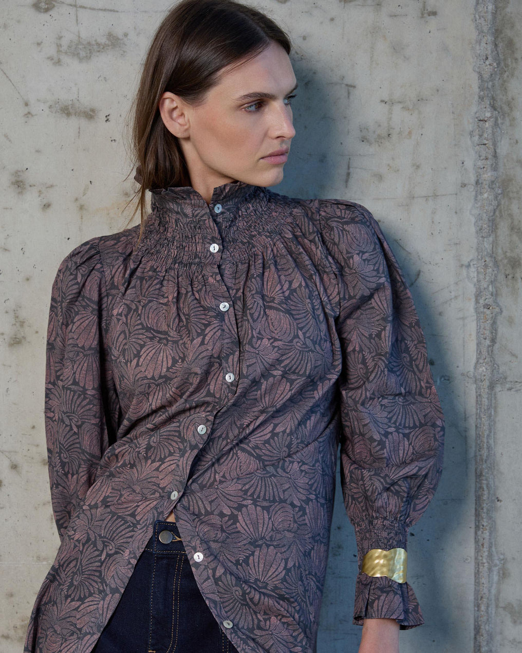 Vestido Manga Abullonada Estampado Antracita