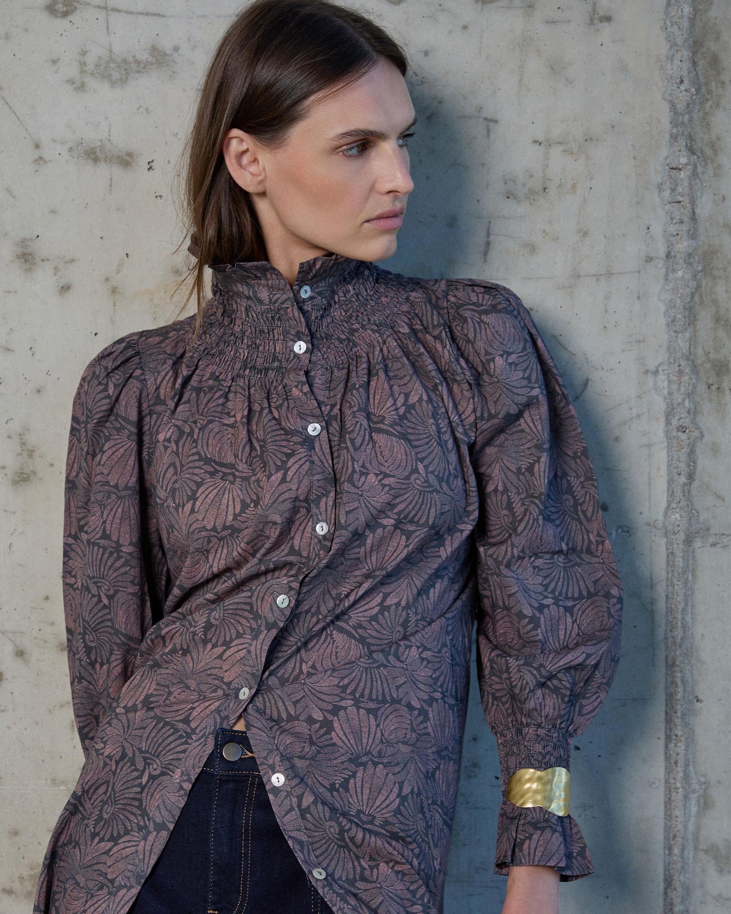 Vestido Manga Abullonada Estampado Antracita