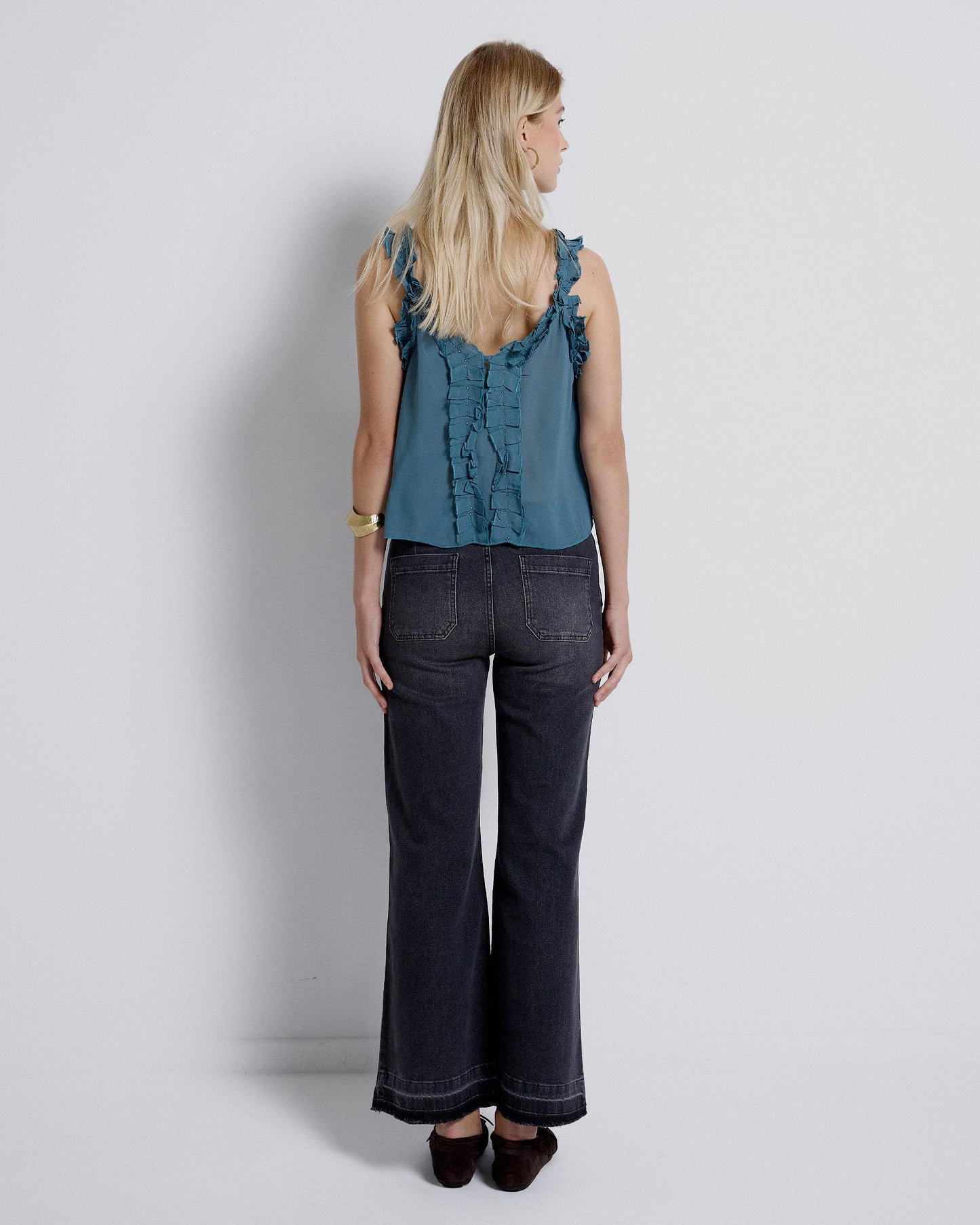 Blue V-Neck Top with Ruffle