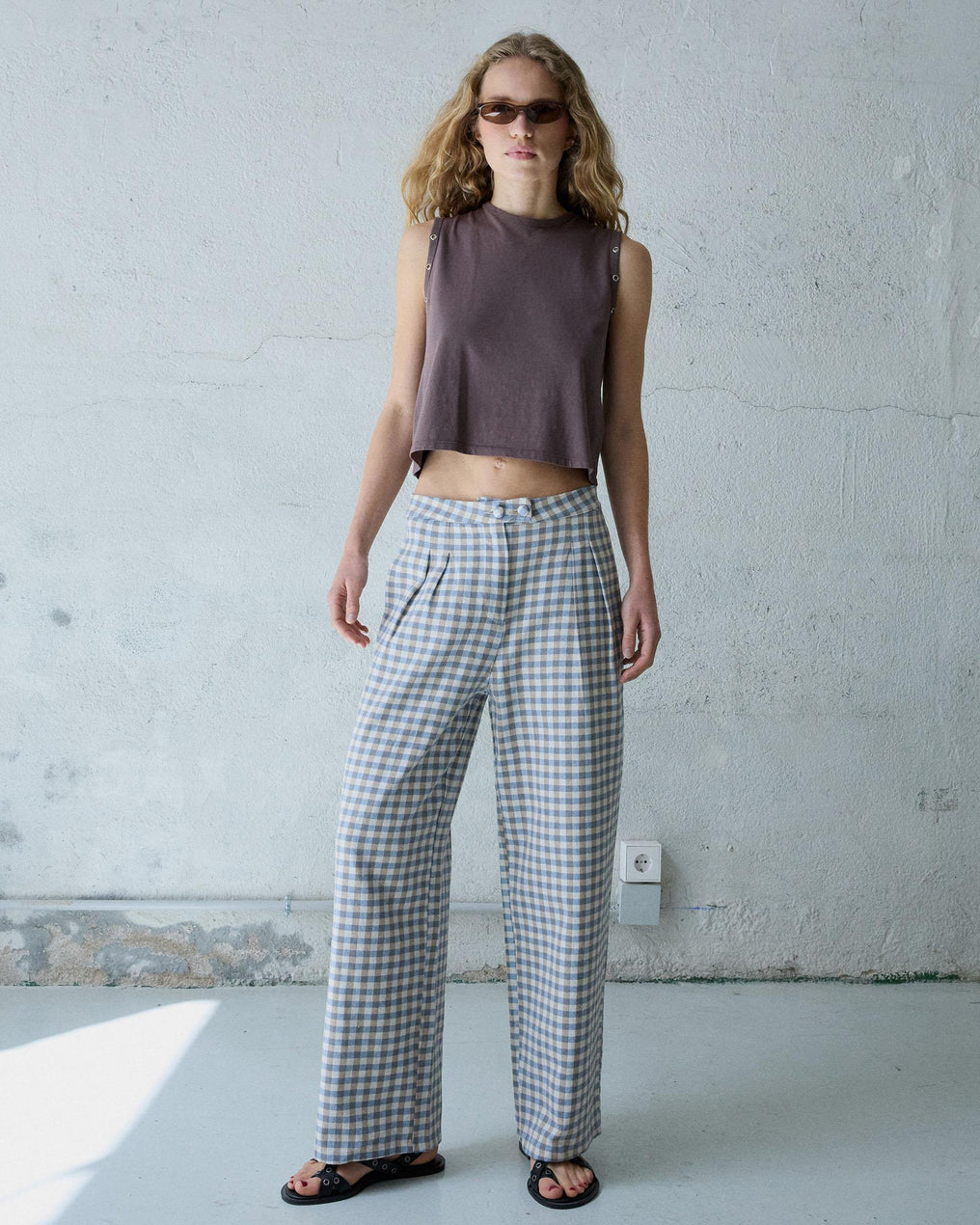 Pantalón Wide Leg Pinzas Cuadros Vichy Azul