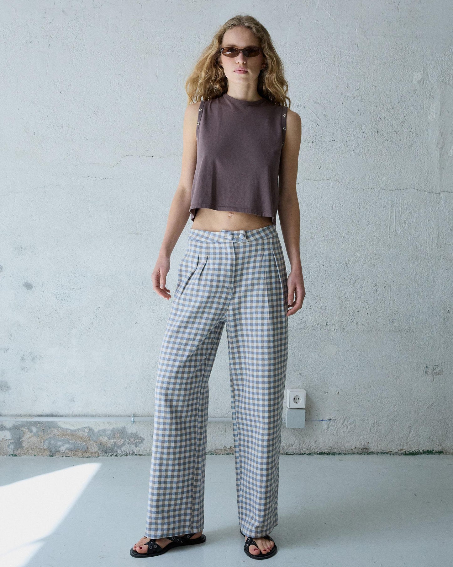 Pantalón Wide Leg Pinzas Cuadros Vichy Azul