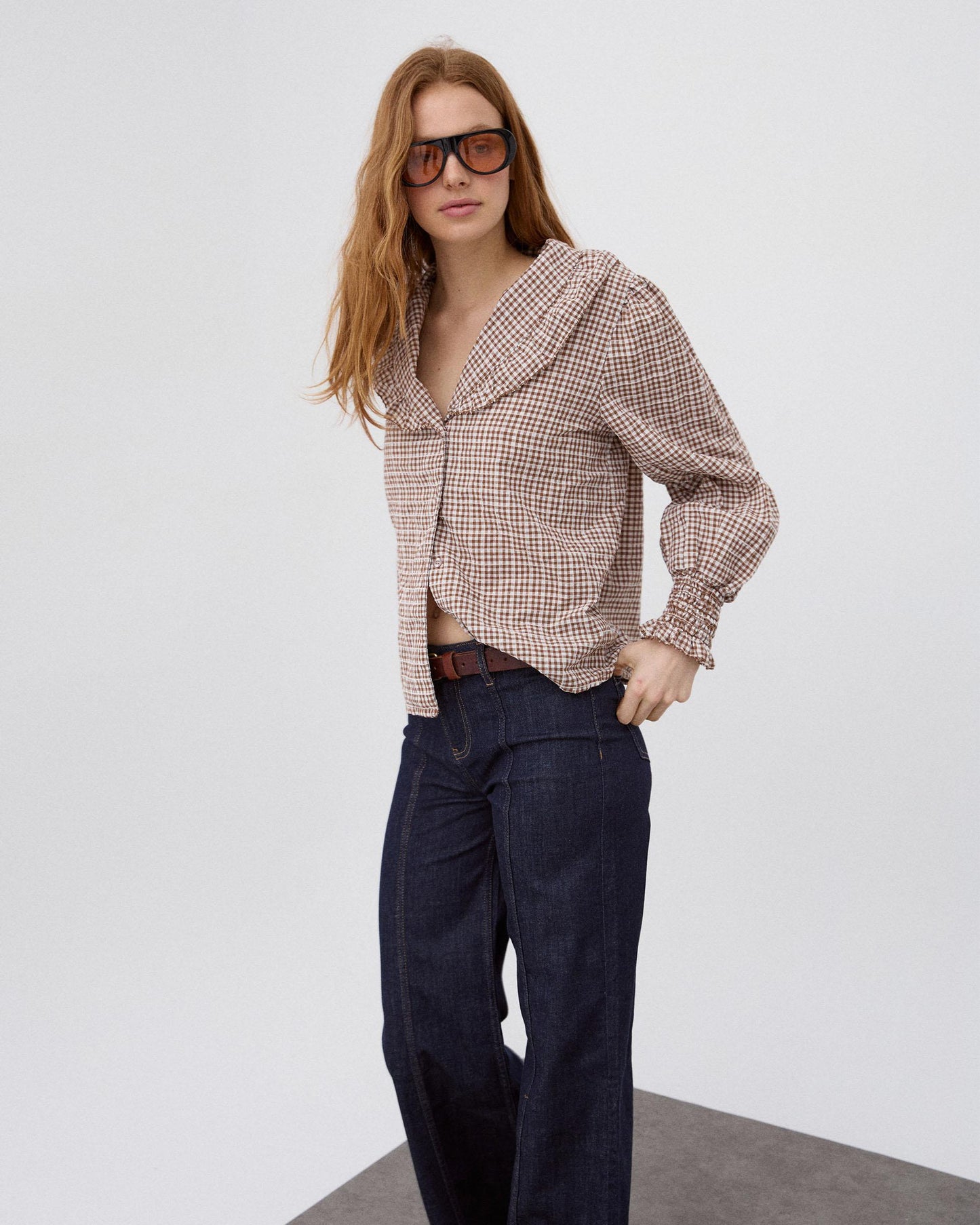 Blusa Folho Gola Vichy Castanho