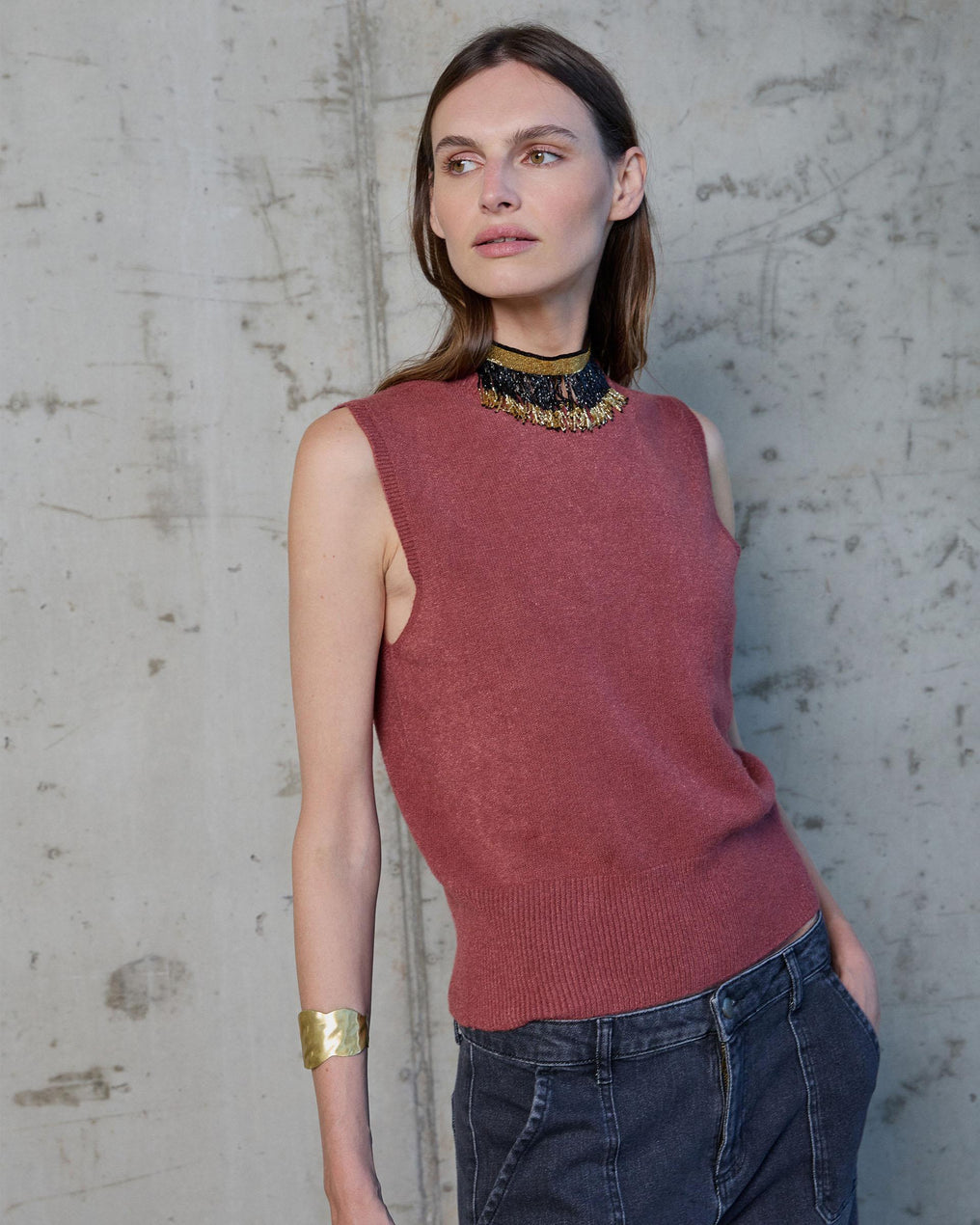 Chaleco Punto Cuello Redondo Teja