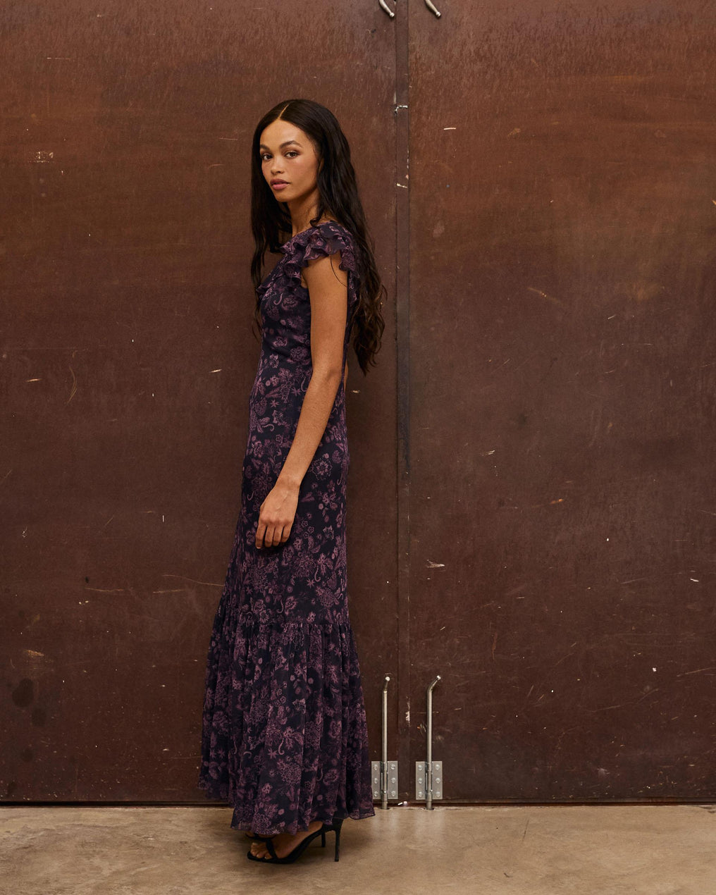 Vestido Estampado Floral Volantes Morado