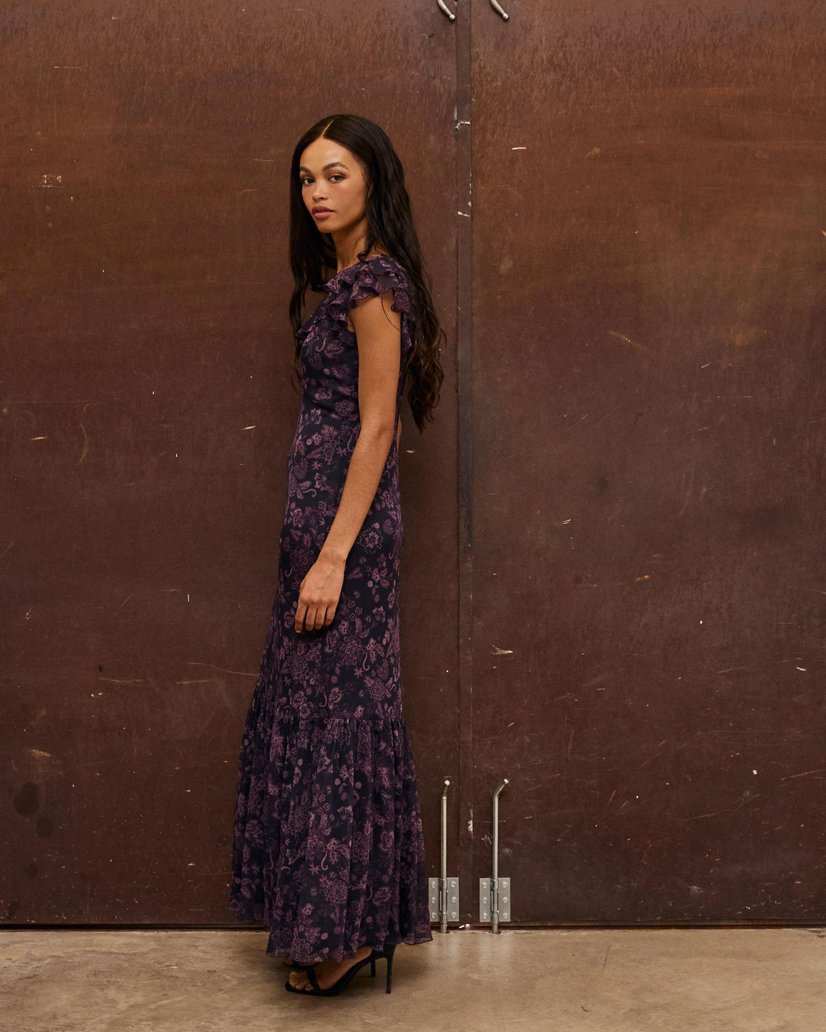 Vestido Estampado Floral Volantes Morado