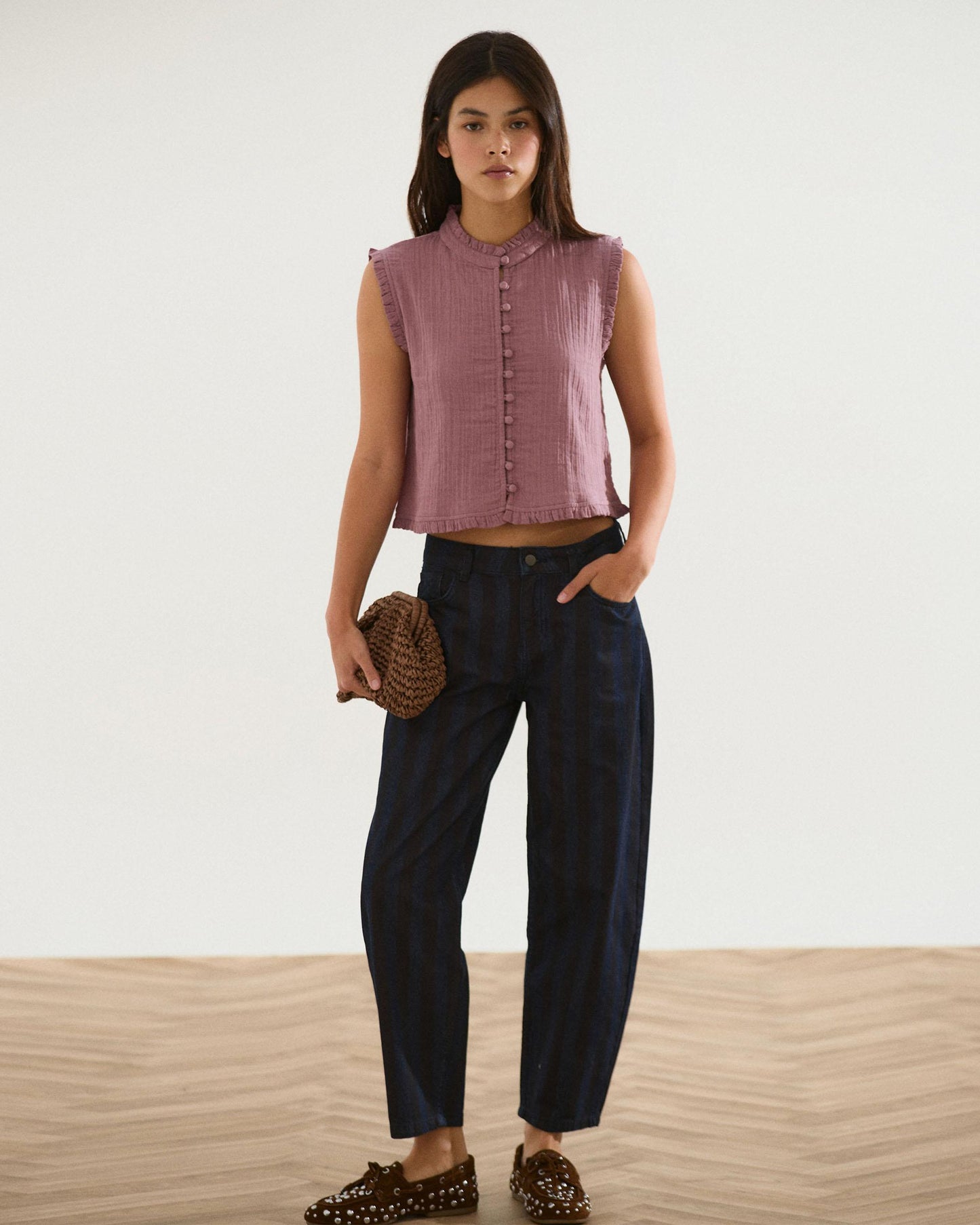 Top Botones Forrados Volante Rosa