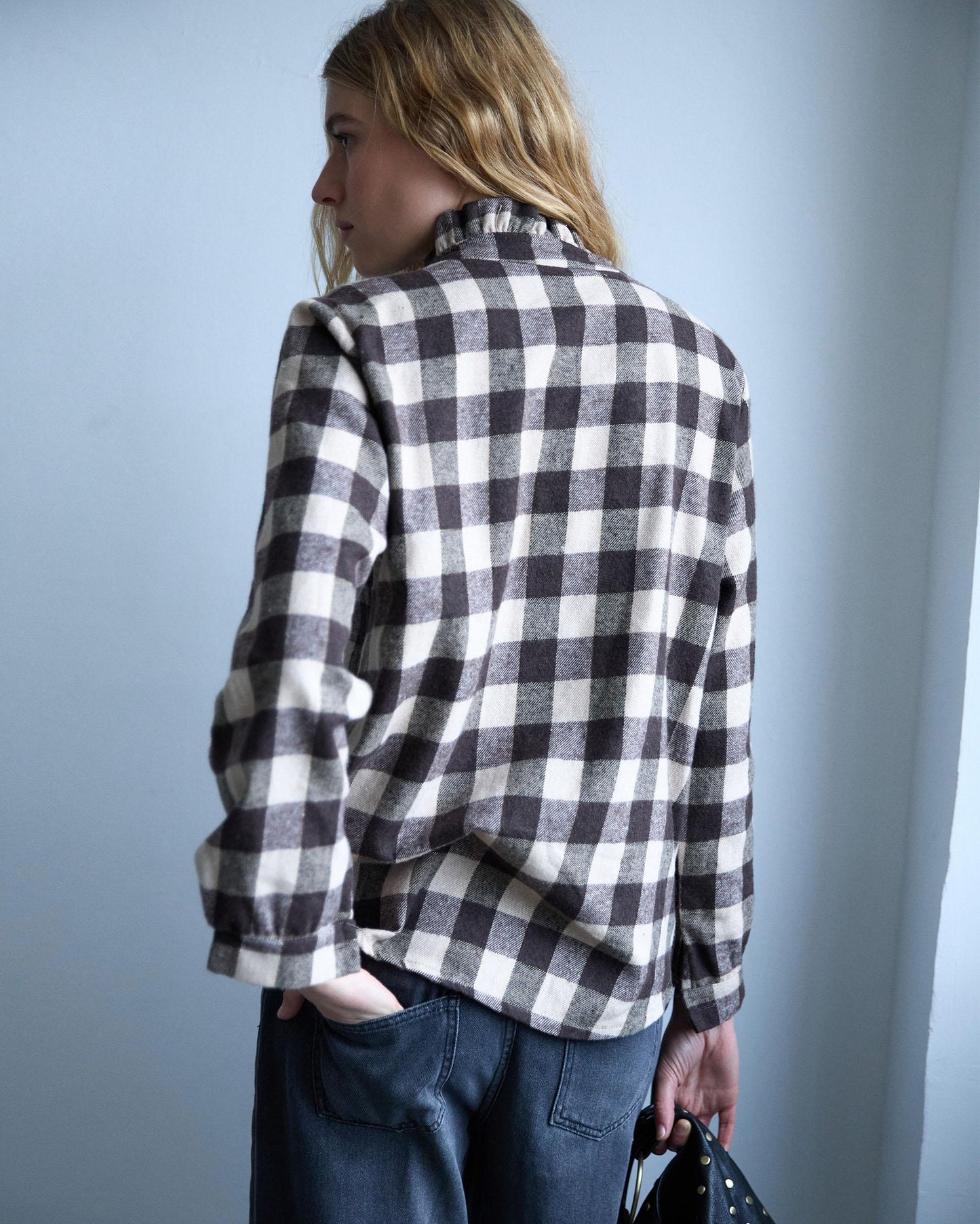 Brown Gingham Blouse with Ruffle