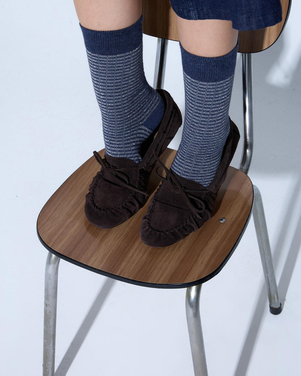 Dark Blue Lurex Striped Mid-Calf Socks