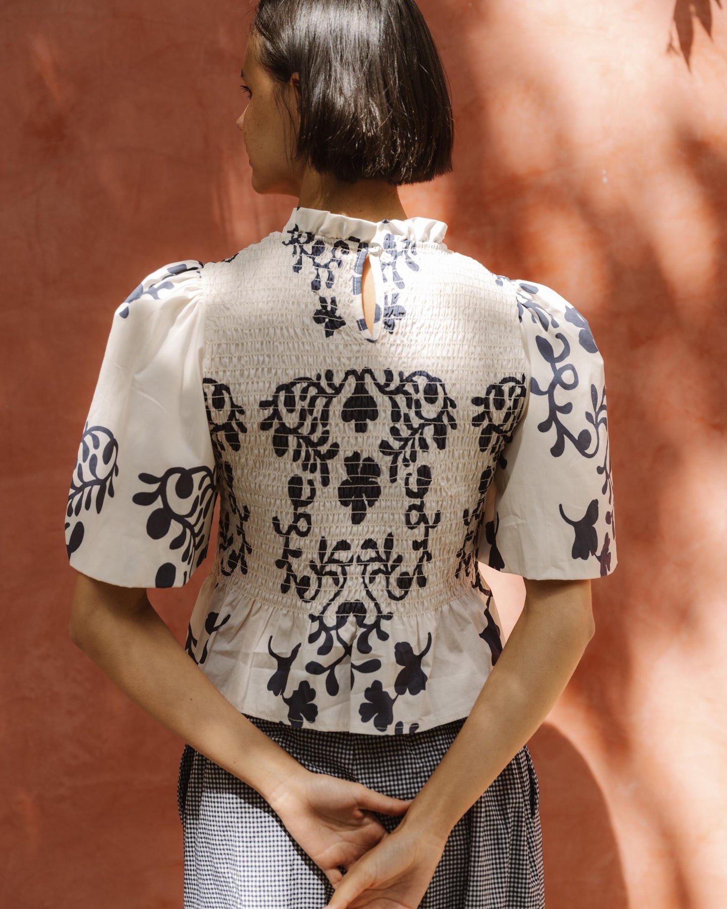 Top Nido De Abeja Manga Abullonada Estampado Blanco