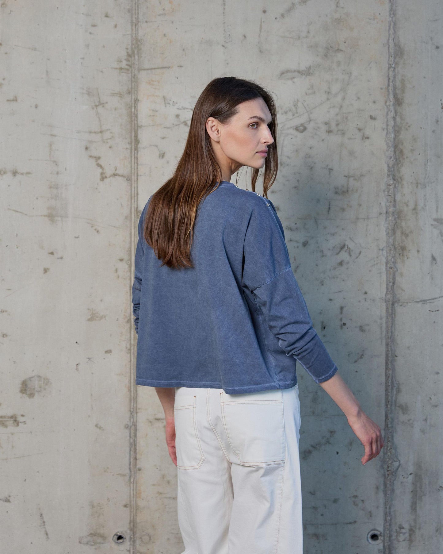 Dark Blue Star Studded Shoulder T-Shirt