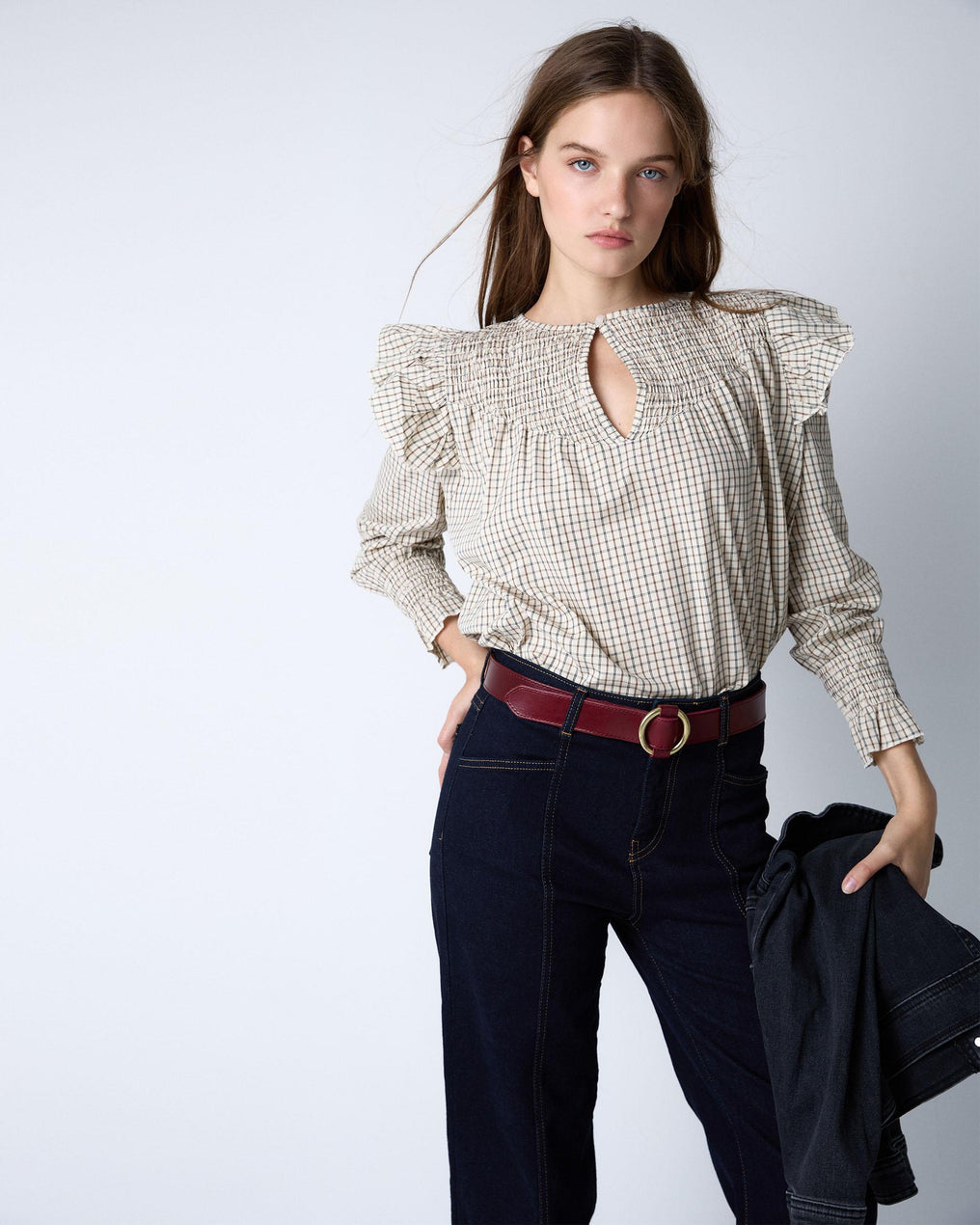 Blusa Cuadros Volantes Crudo