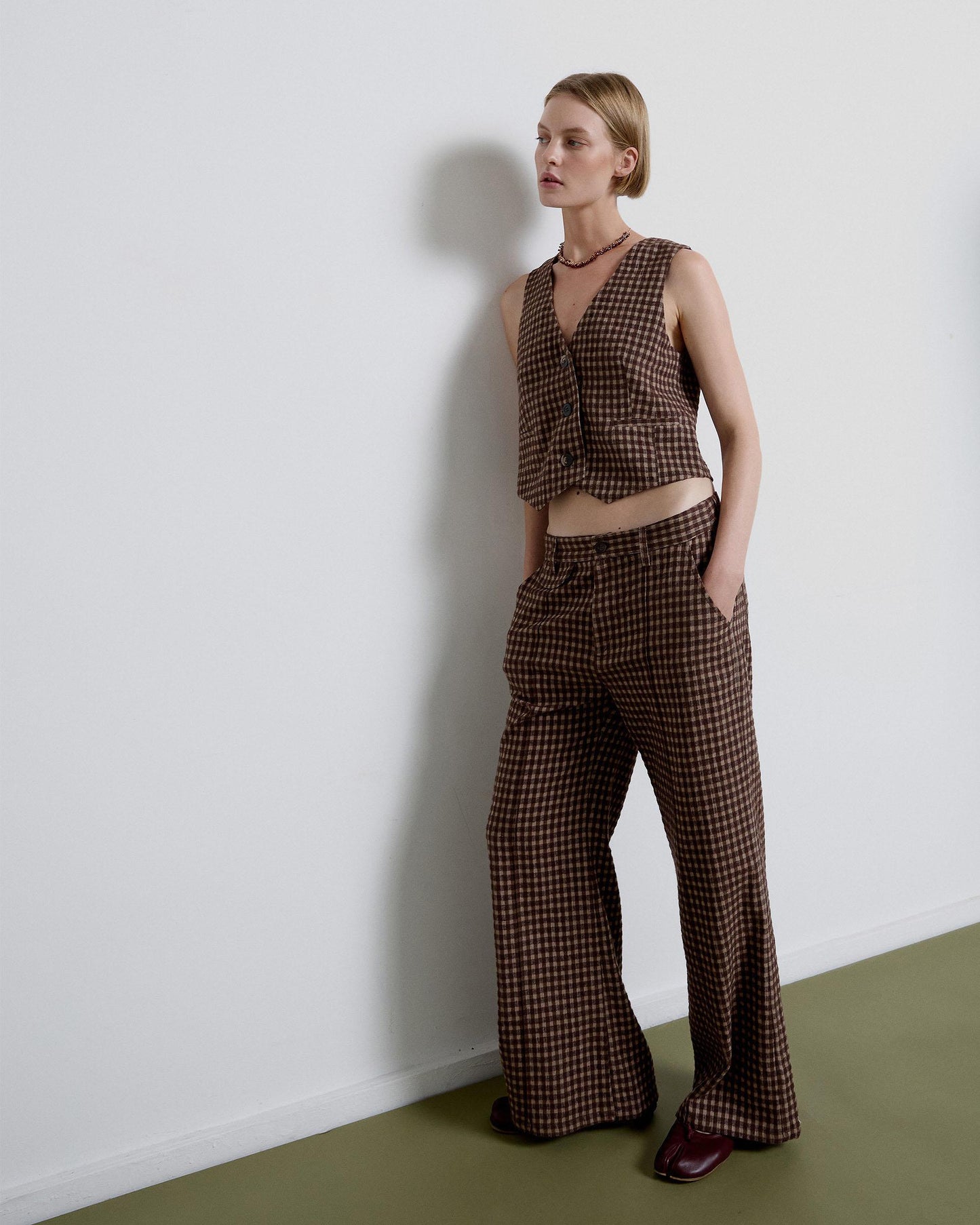 Brown Plaid Lapel Trousers