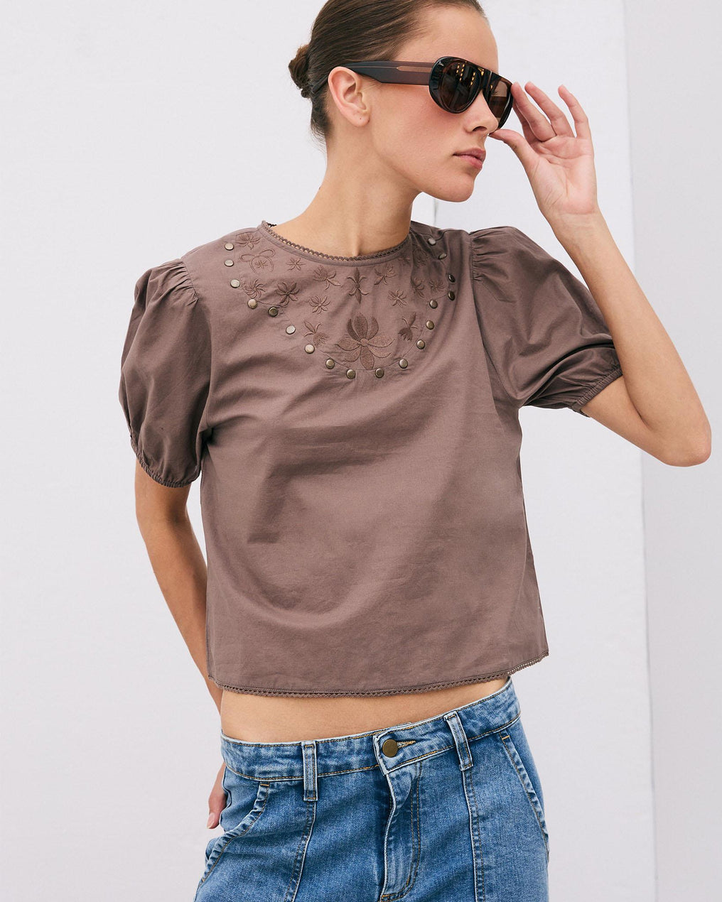 Embroidered Studded Brown Blouse