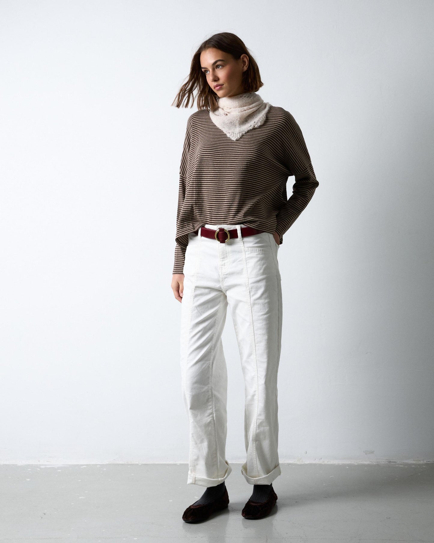 Brown Striped Round Neck T-shirt