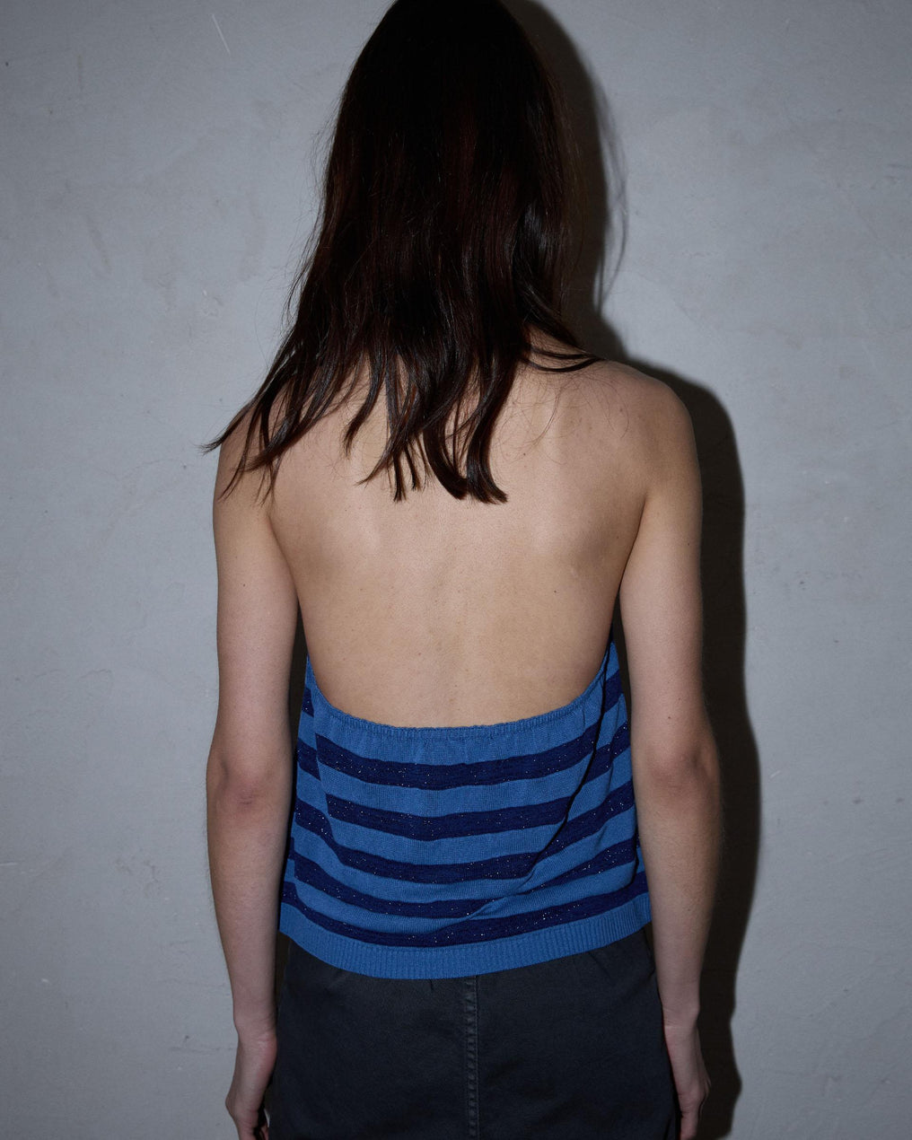 Top Malha Halter Riscas Azul Escuro