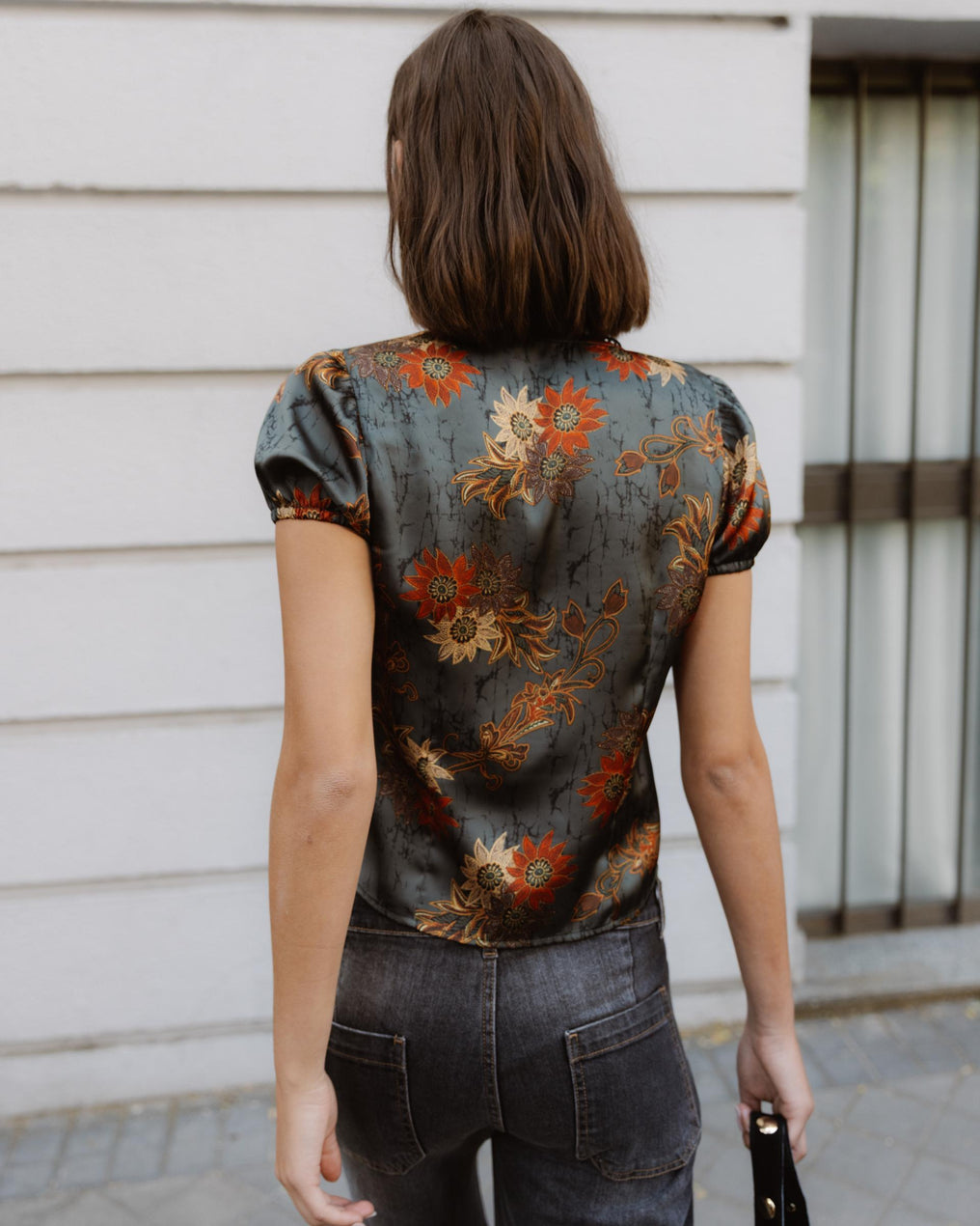 Top Manga Corta Botones Estampado Floral Verde