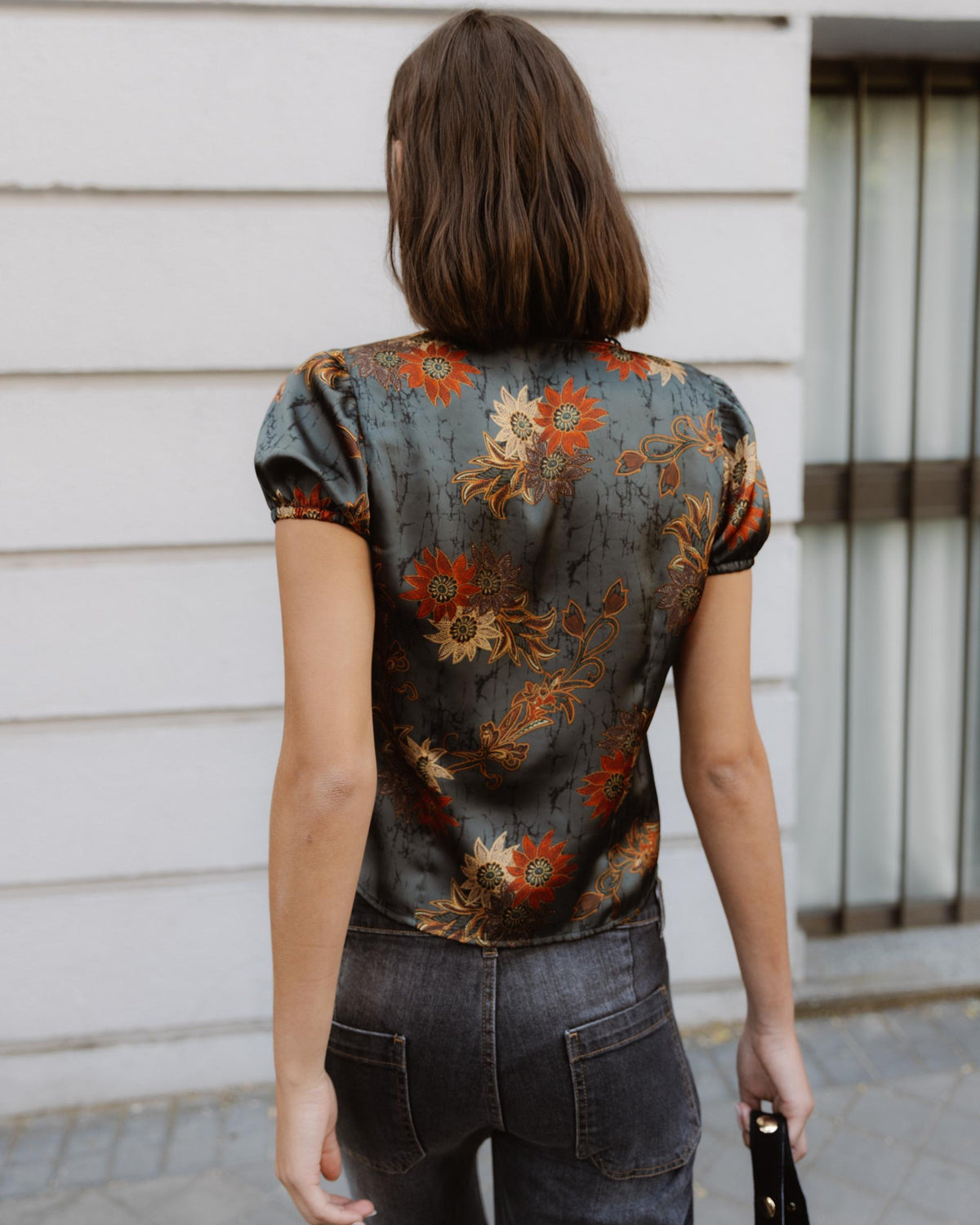 Top Manga Corta Botones Estampado Floral Verde