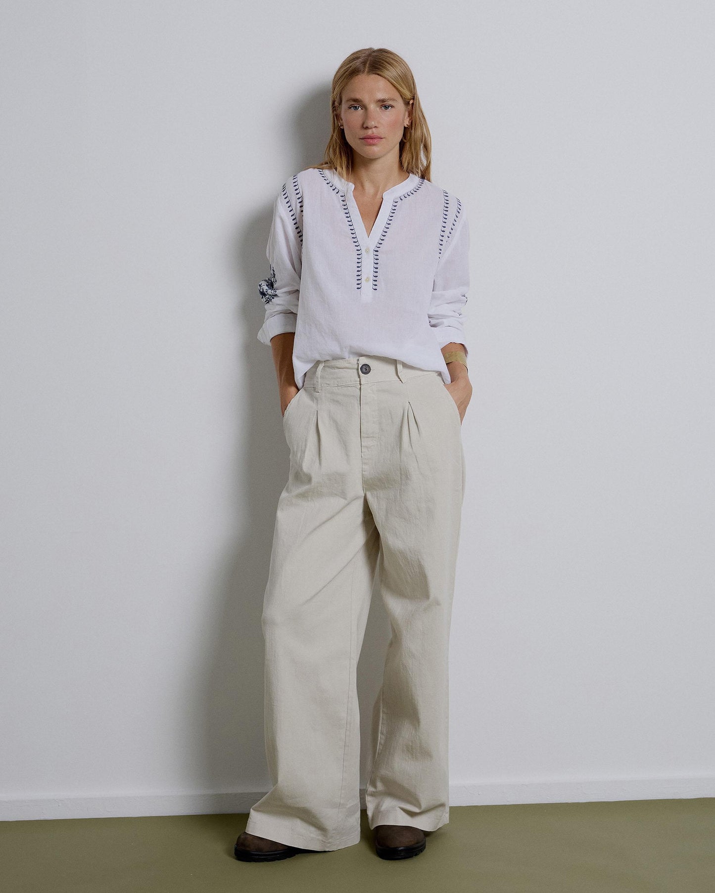 Beige Long Pleated Trousers