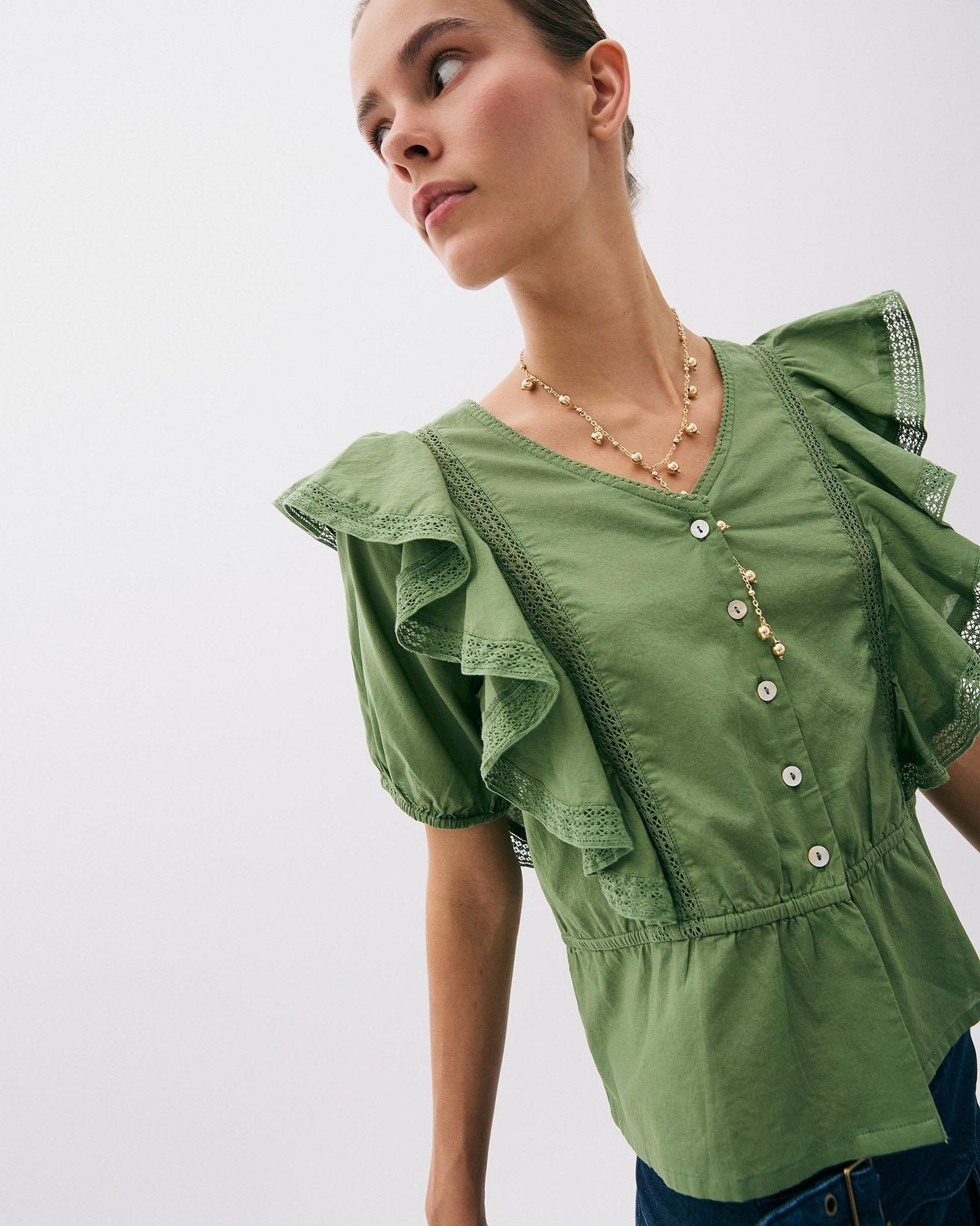 Short Sleeve Ruffle Button Up Blouse Green