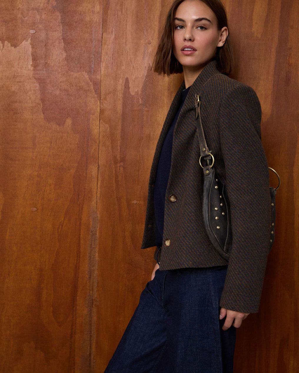 Chaqueta Cuello Subido Rayas Mezcla Lana Marrón