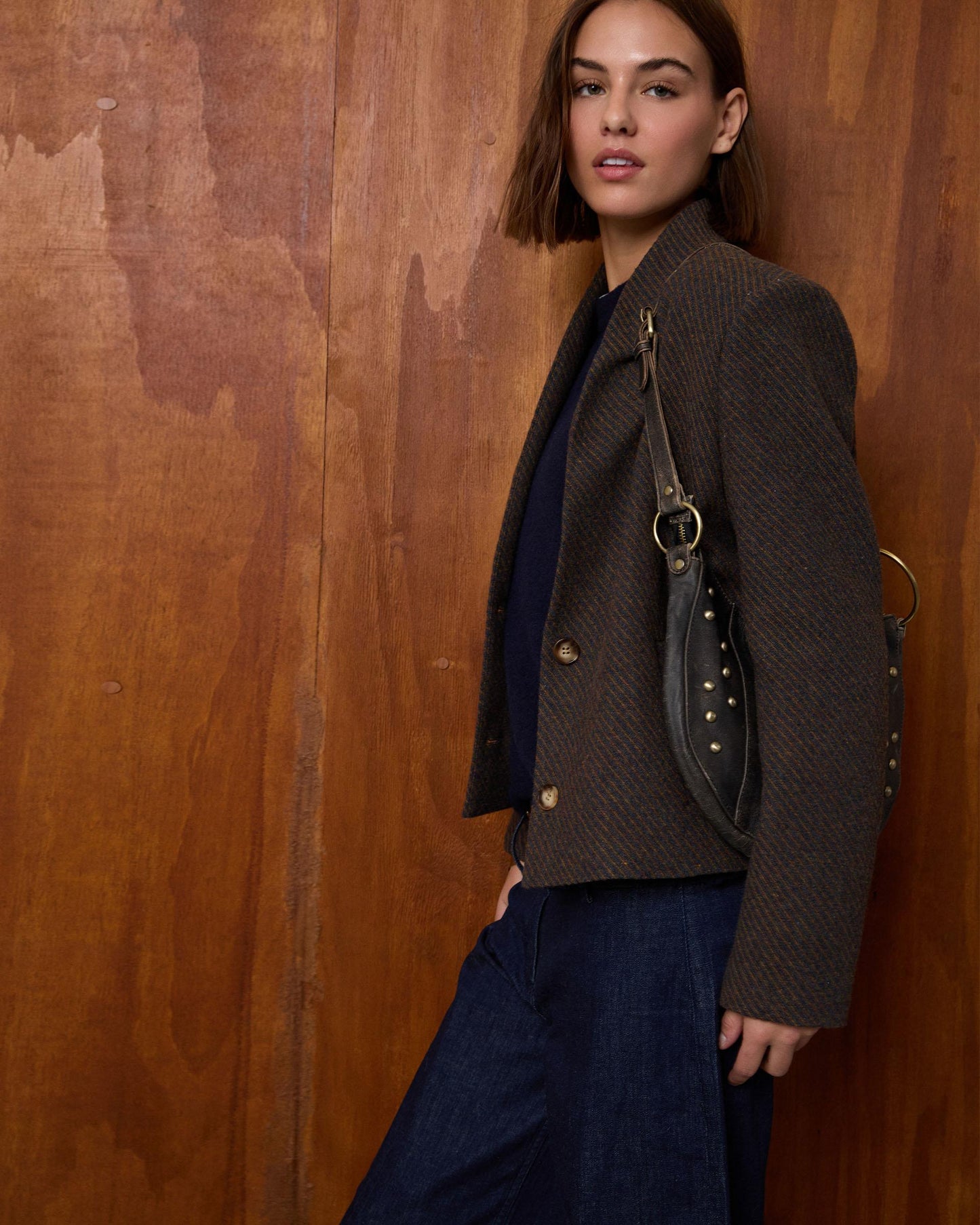 Chaqueta Cuello Subido Rayas Mezcla Lana Marrón