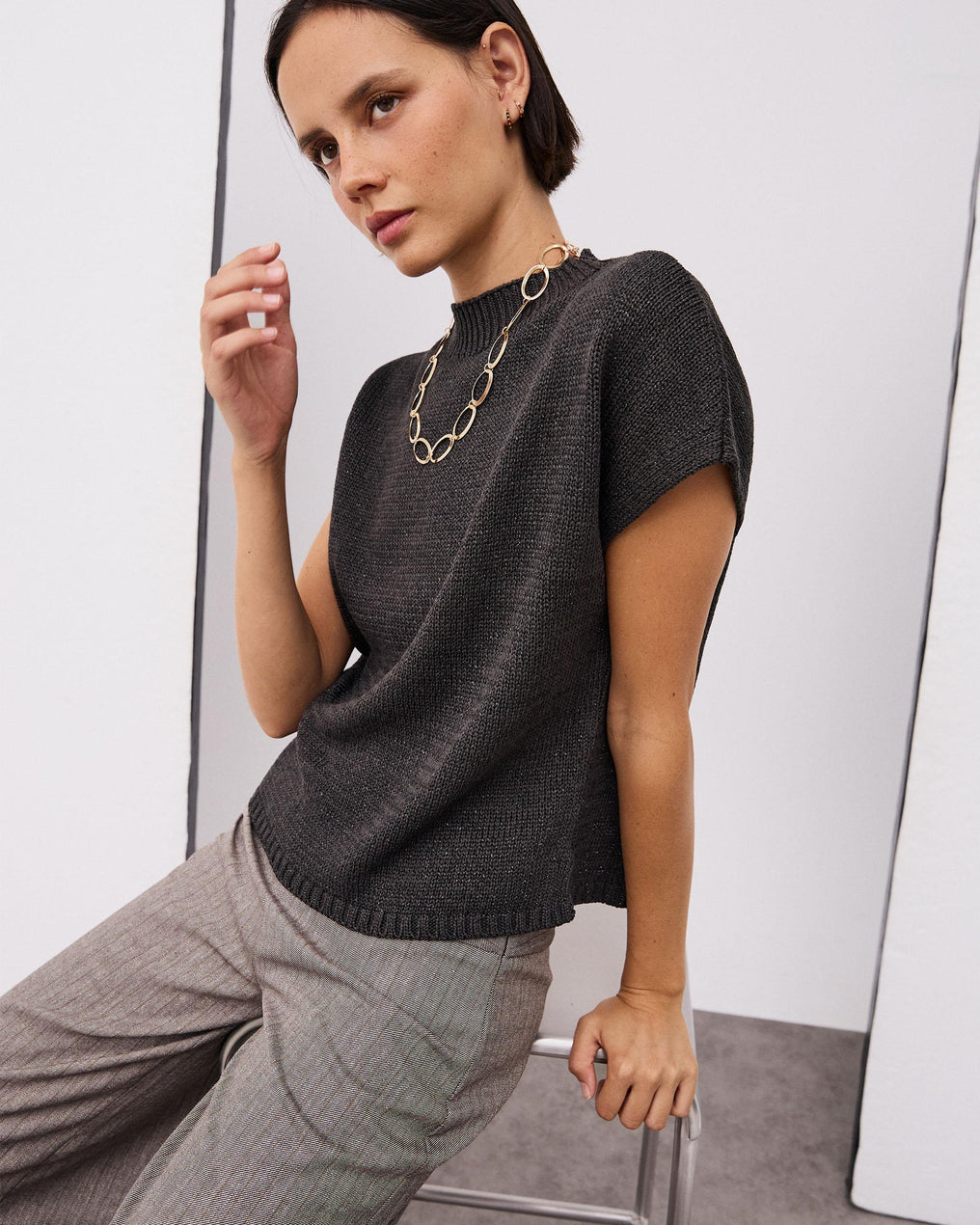 Chaleco Cuello Redondo Lurex Antracita
