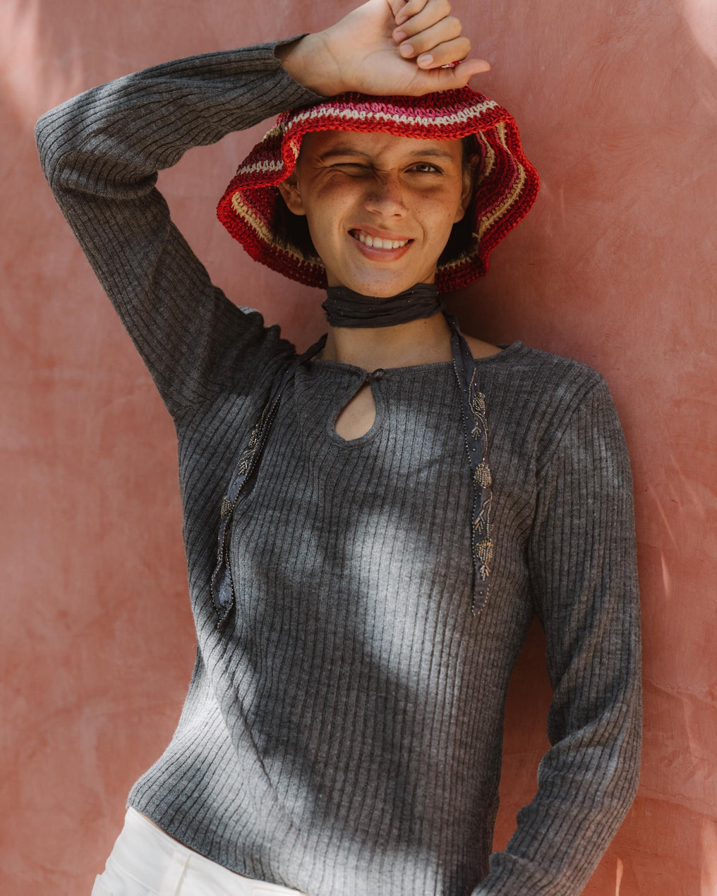 Grey Teardrop Neck Knit Top