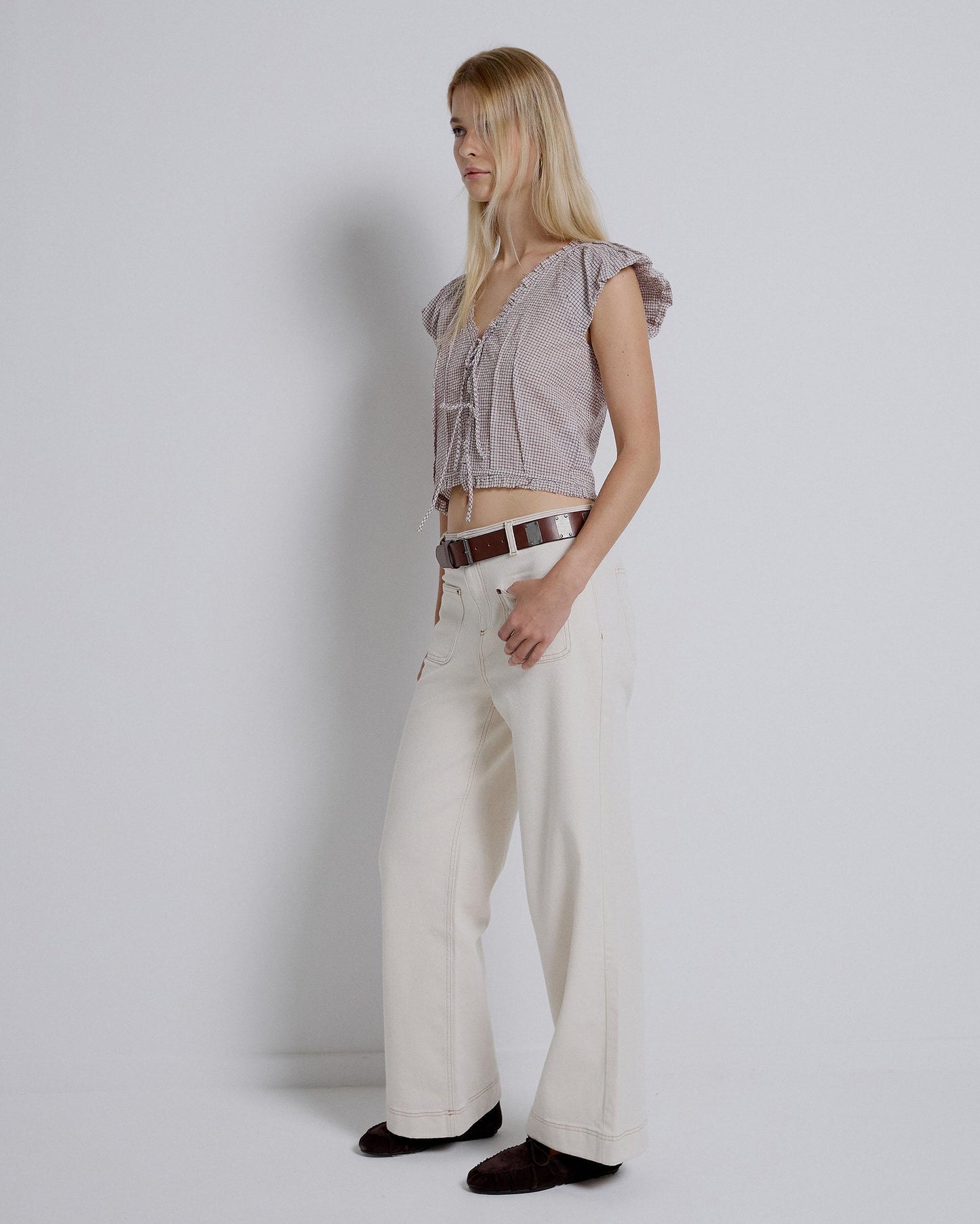 Pink Plaid Blouse with Front Bows