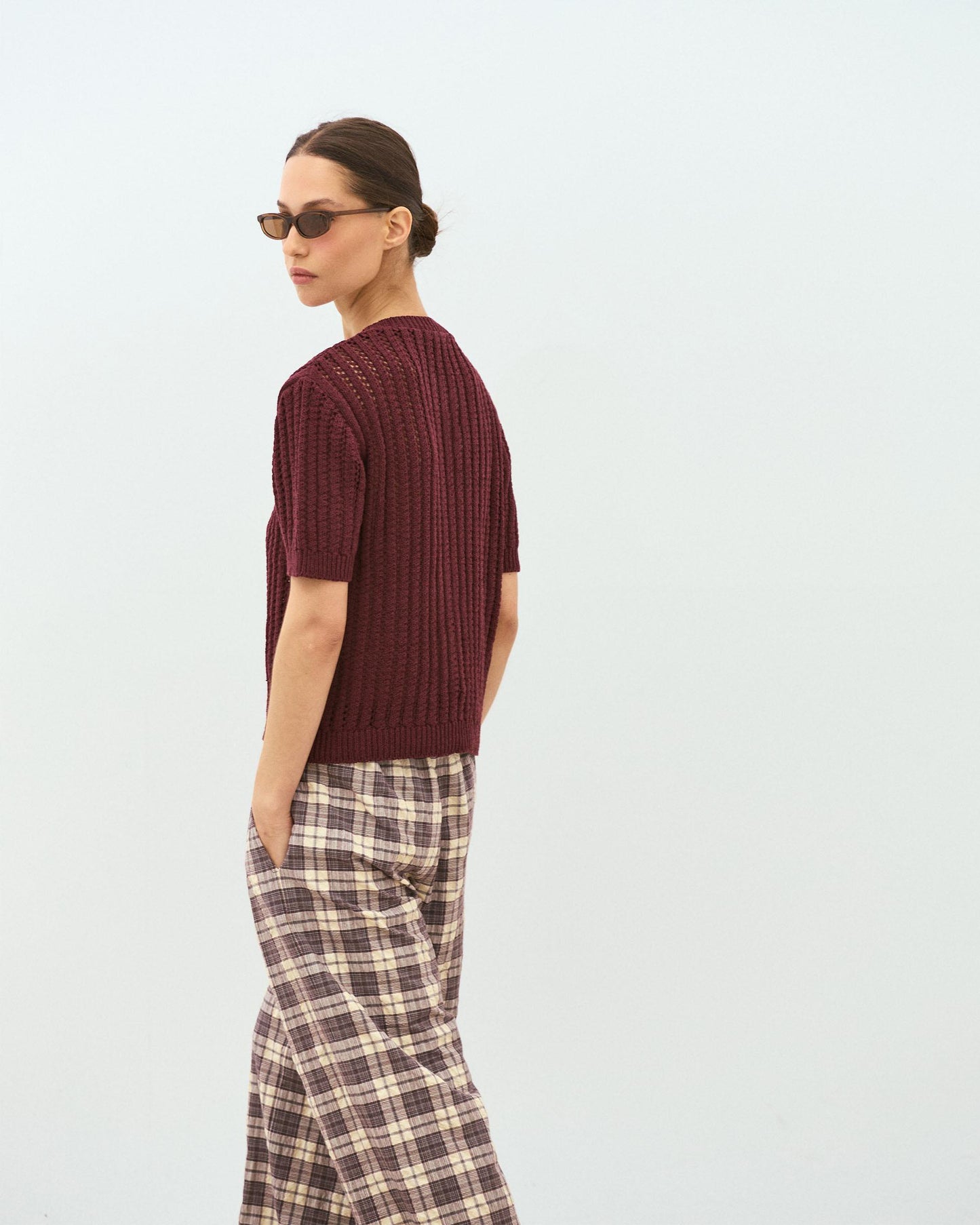 Burgundy Openwork Short Sleeve Top