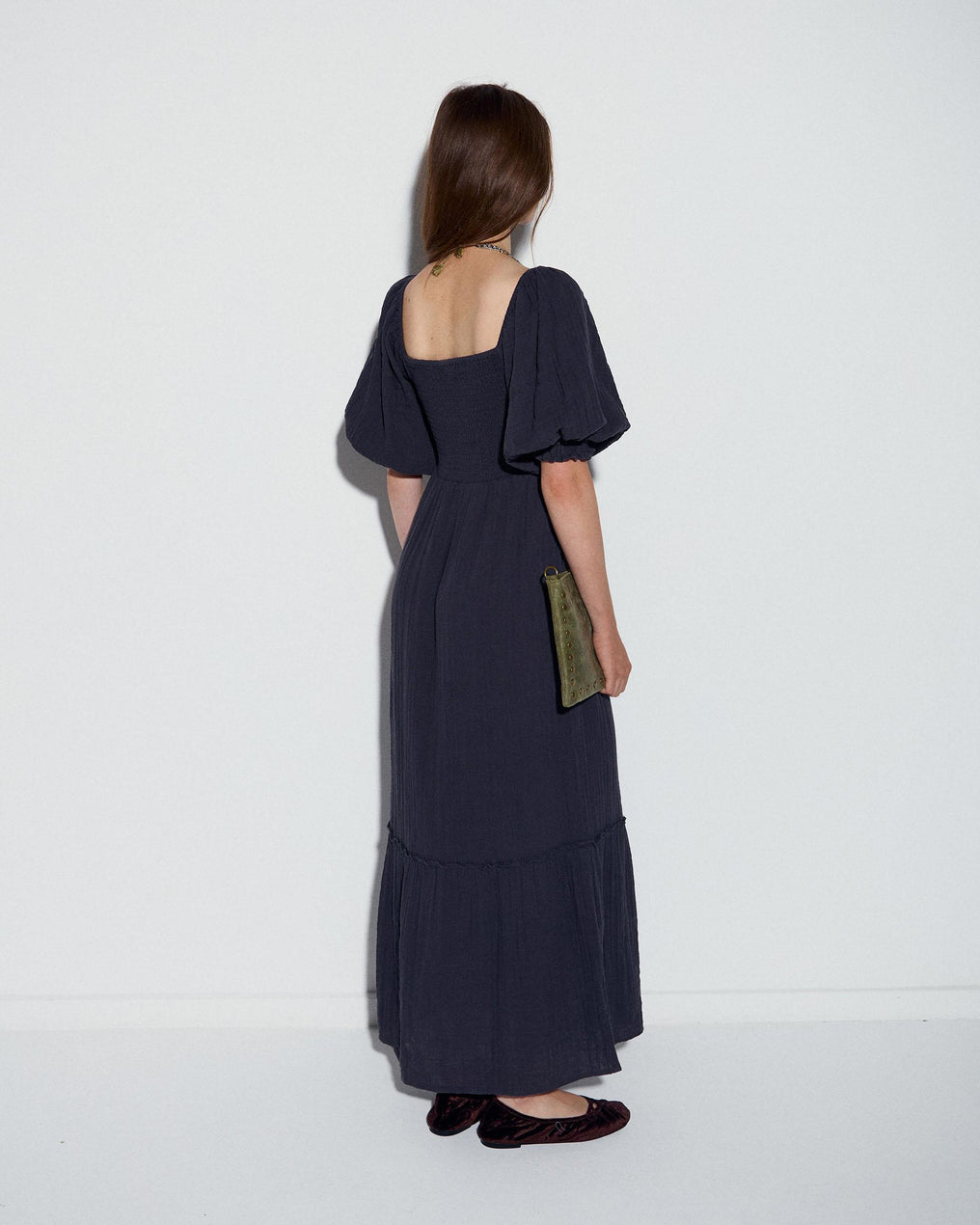 Vestido de Ninho de Abelha com Manga Abulonada Antracite