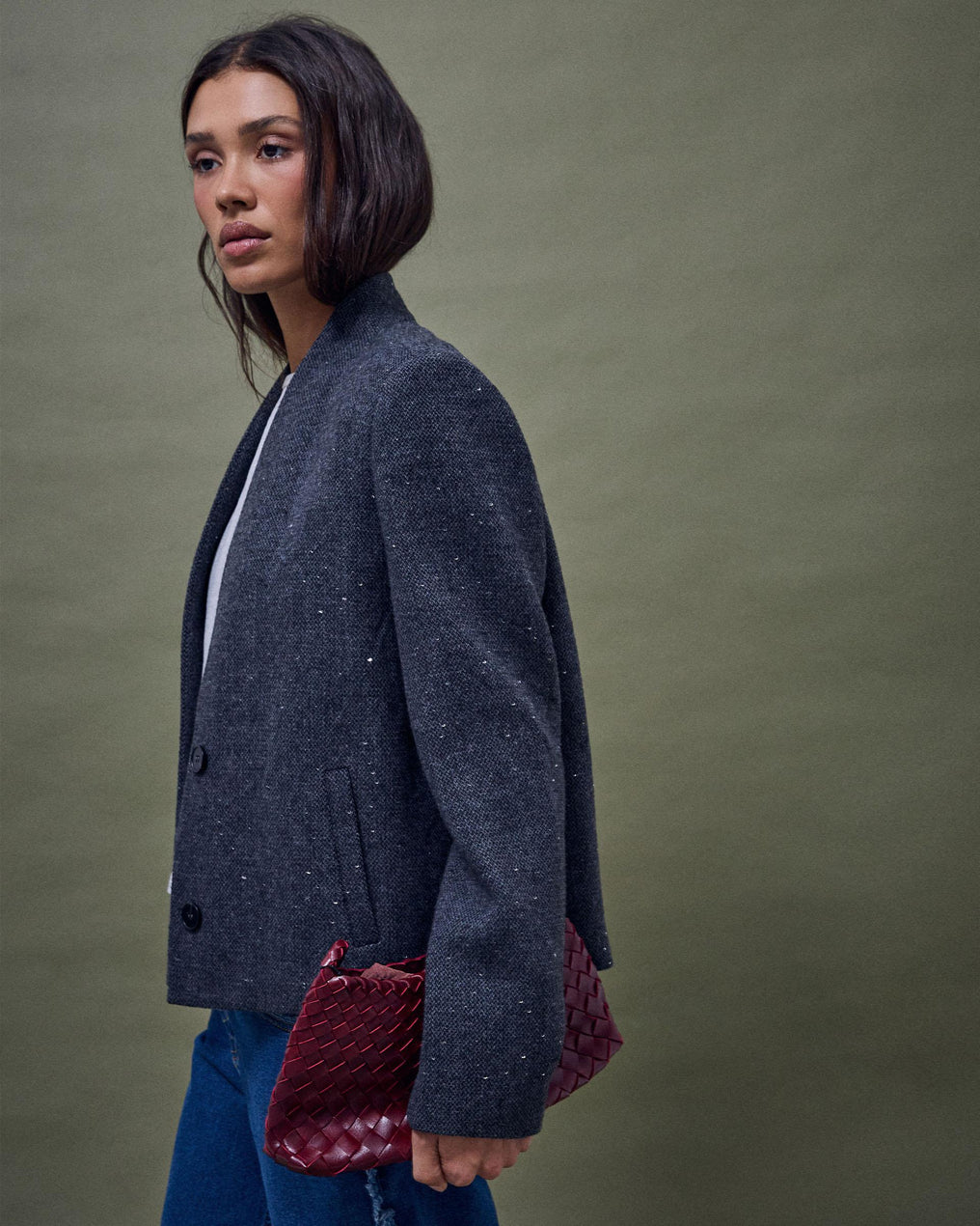 Chaqueta Cuello Subido Lentejuelas Con Lana Gris