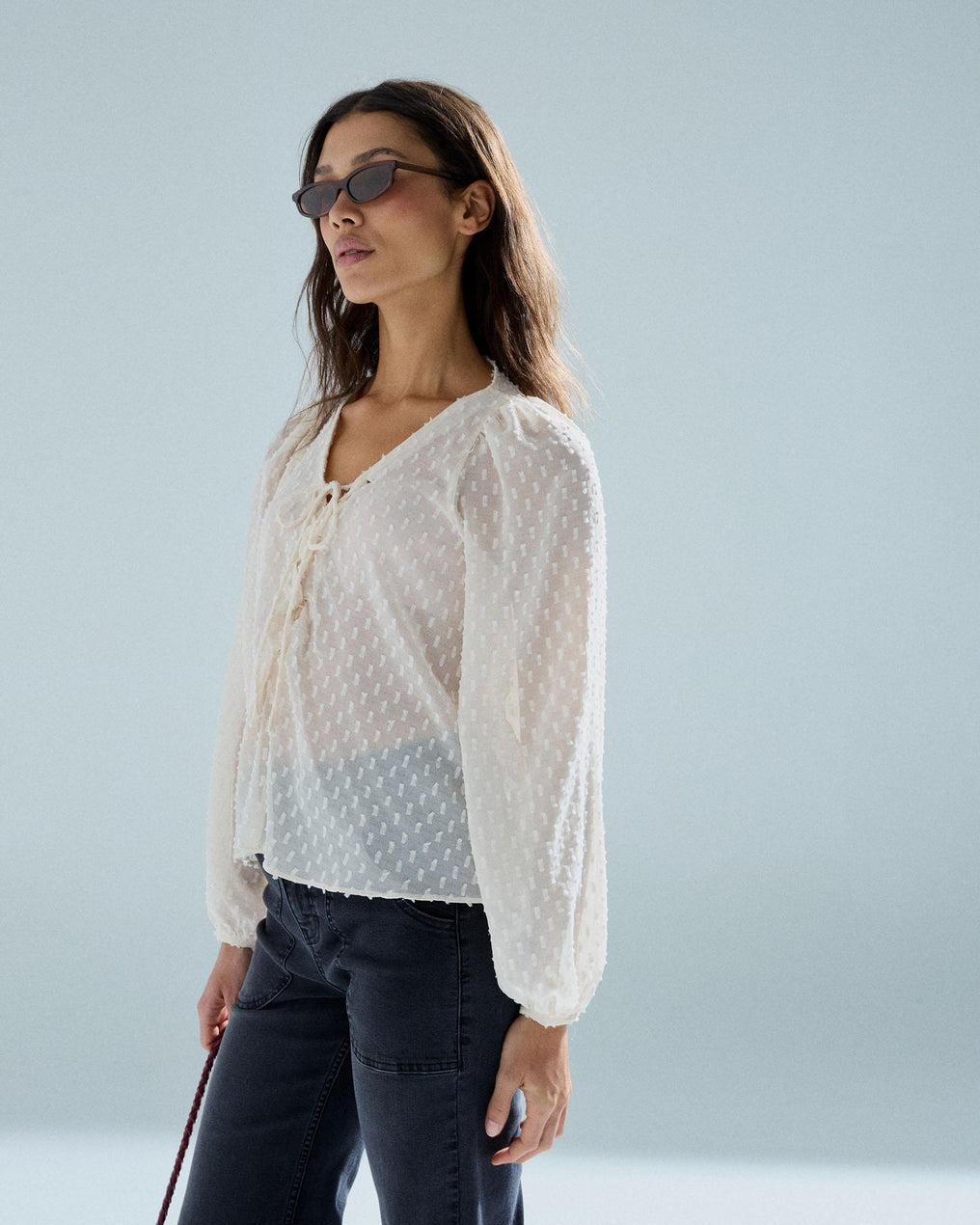 White Swiss-Dot Tie Blouse