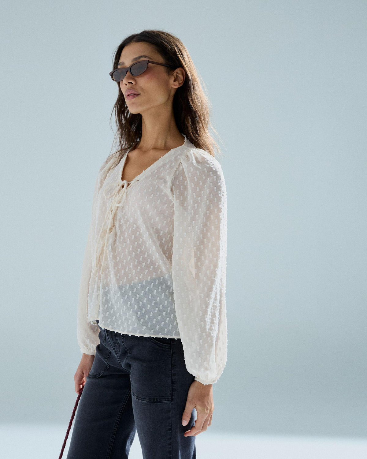 White Swiss-Dot Tie Blouse
