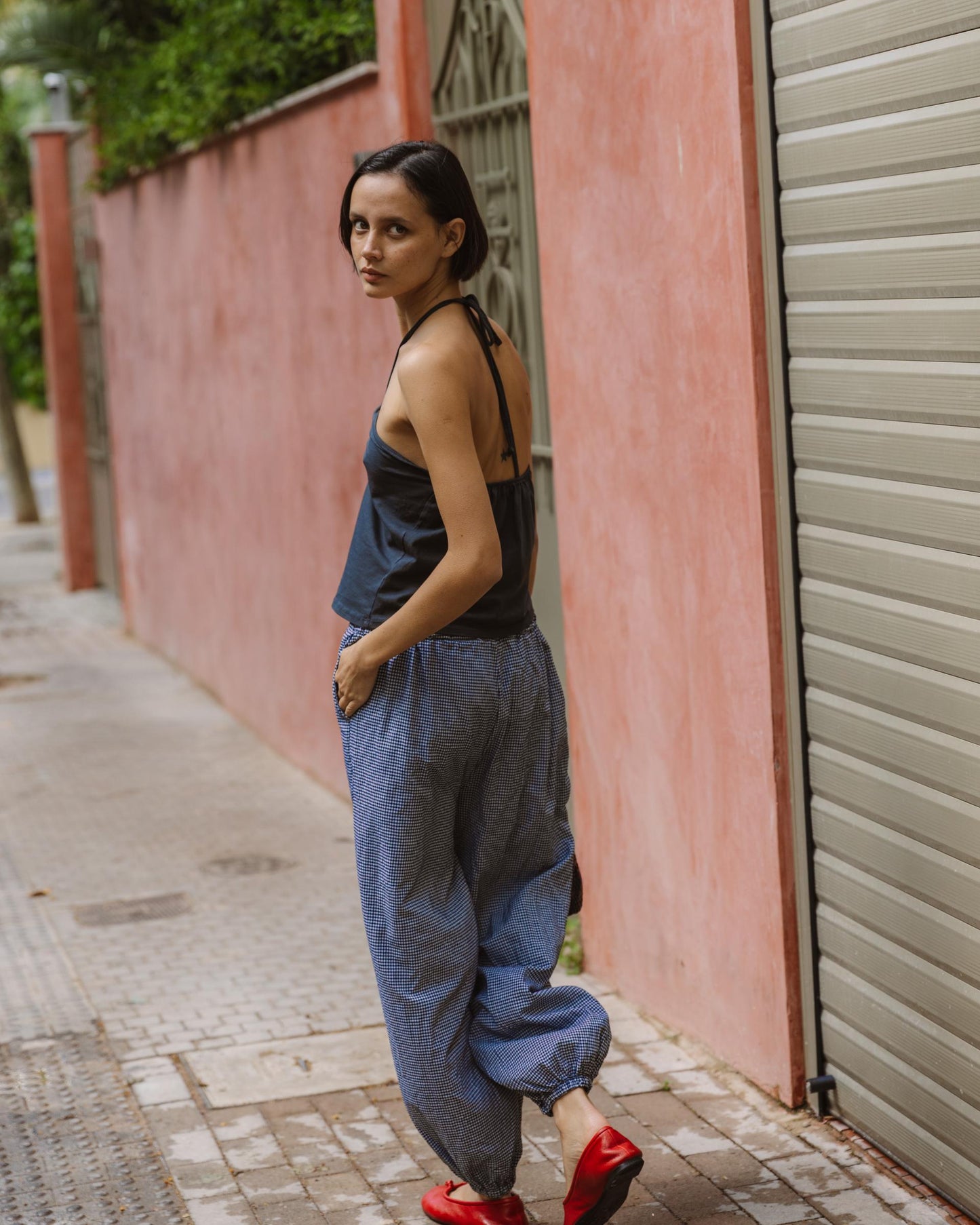 Pantalón Bombacho Cuadros Vichy Azul Oscuro