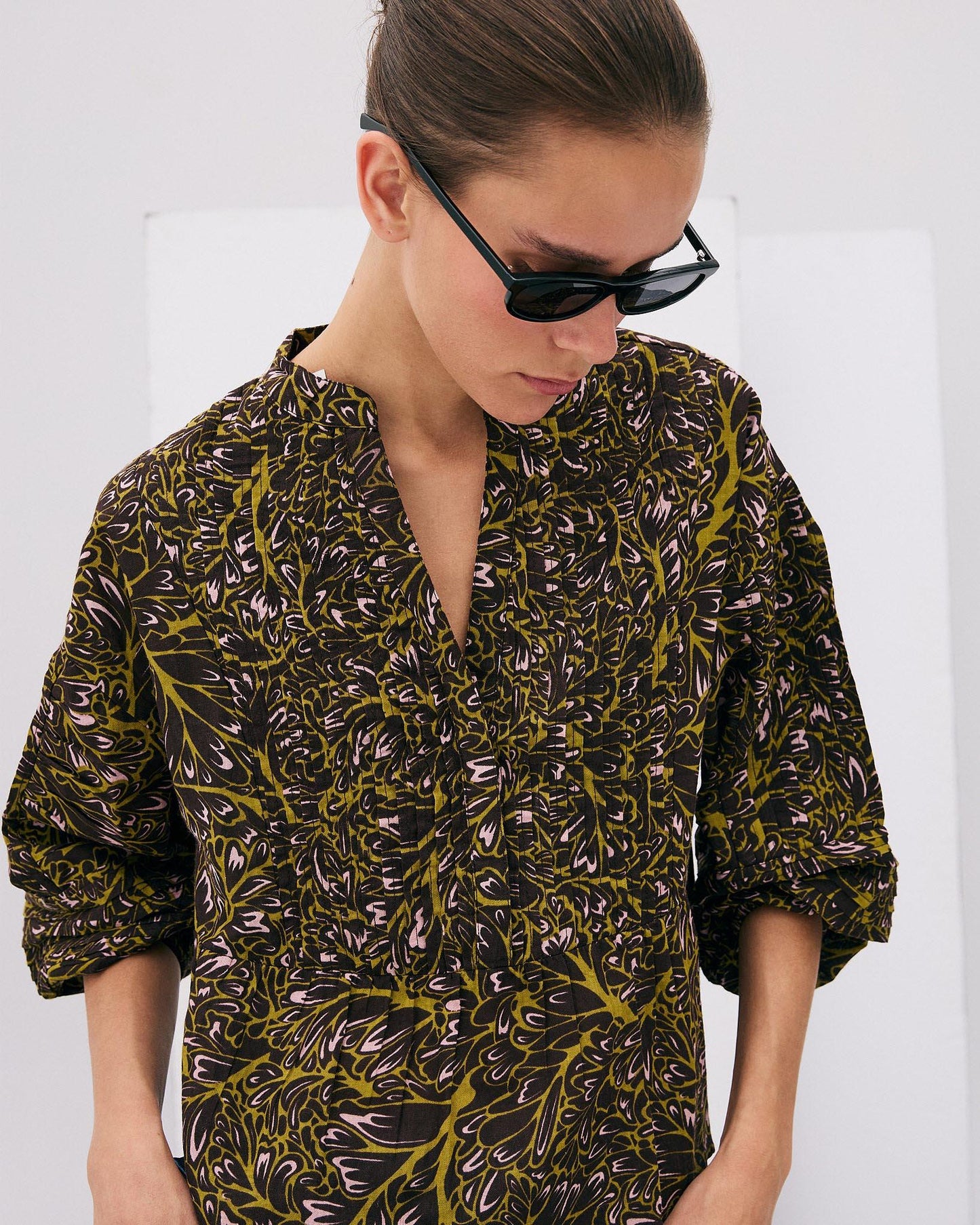 Blusa Botones Delanteros Estampada Marrón